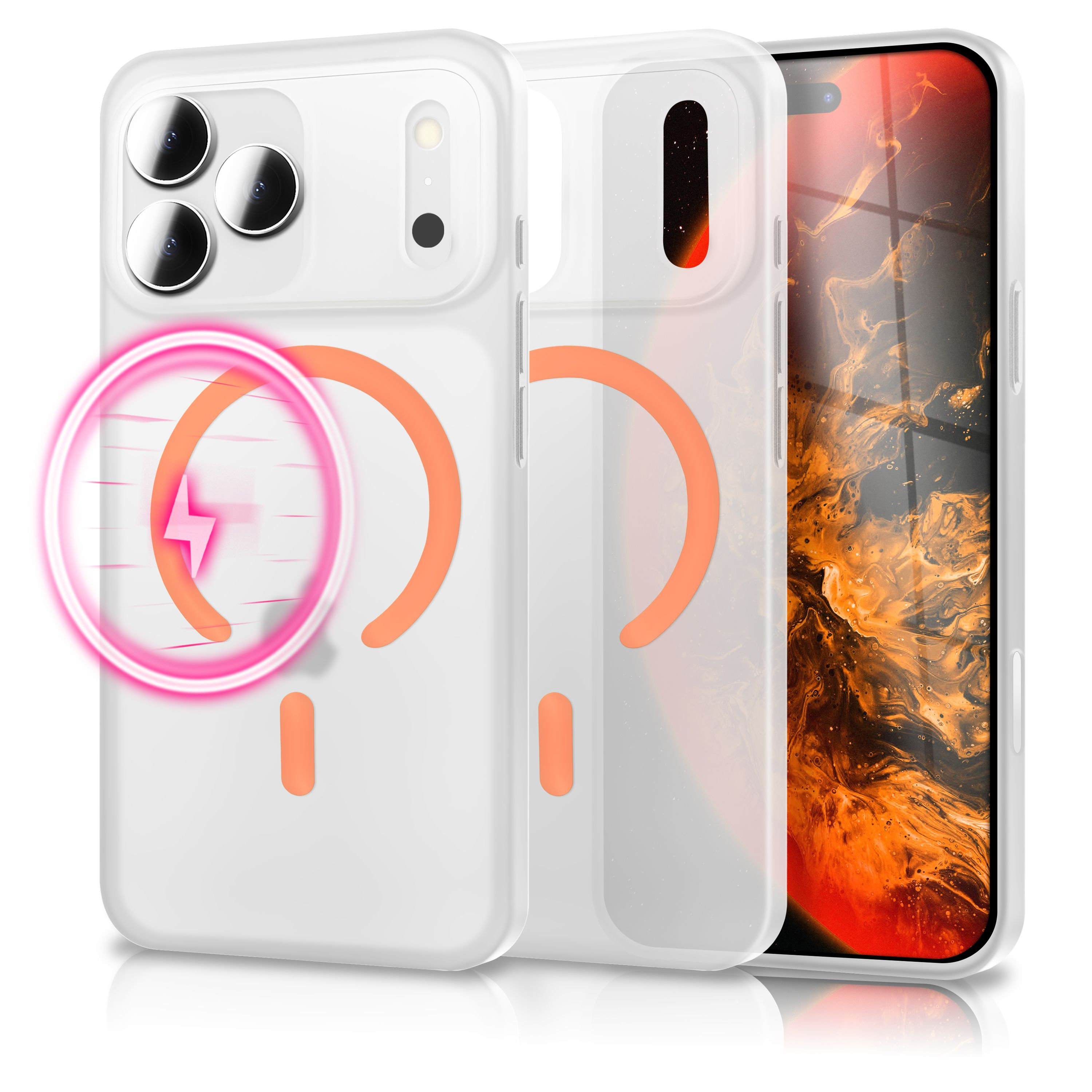Weiße Handyhülle mit orangefarbenen Akzenten und einem rosa Ladesymbol. Der Bildschirm zeigt ein abstraktes oranges Design.