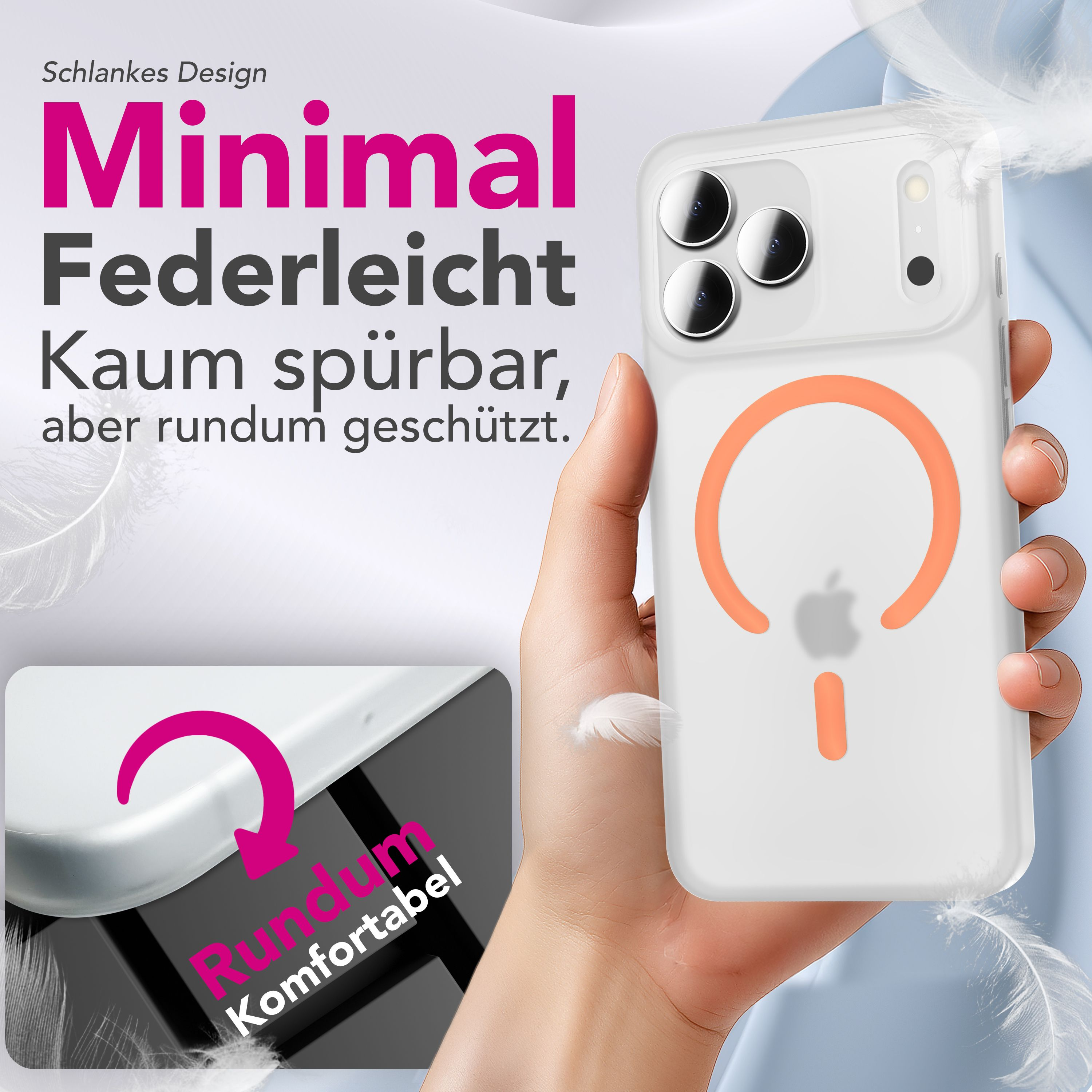 Eine Hand hält eine Handyhülle mit orangefarbenem Design. Deutscher Text: minimal, federleicht, kaum spürbar, aber rundum geschützt.