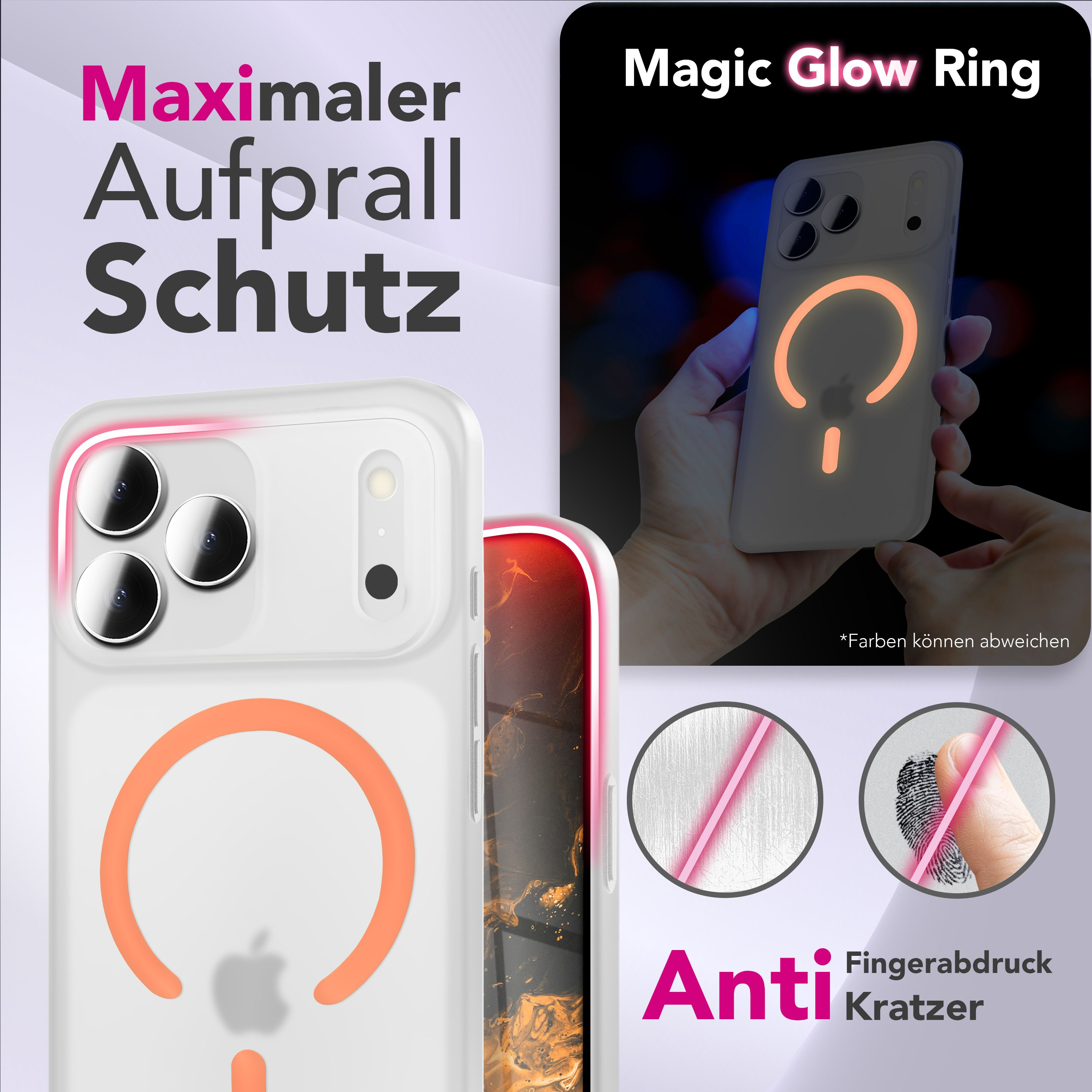 Eine Handyhülle mit orangefarbenem Ringdesign, ein Telefon in der Hand und Text, der Anti-Kratz- und Anti-Fingerabdruck-Funktionen bewirbt.