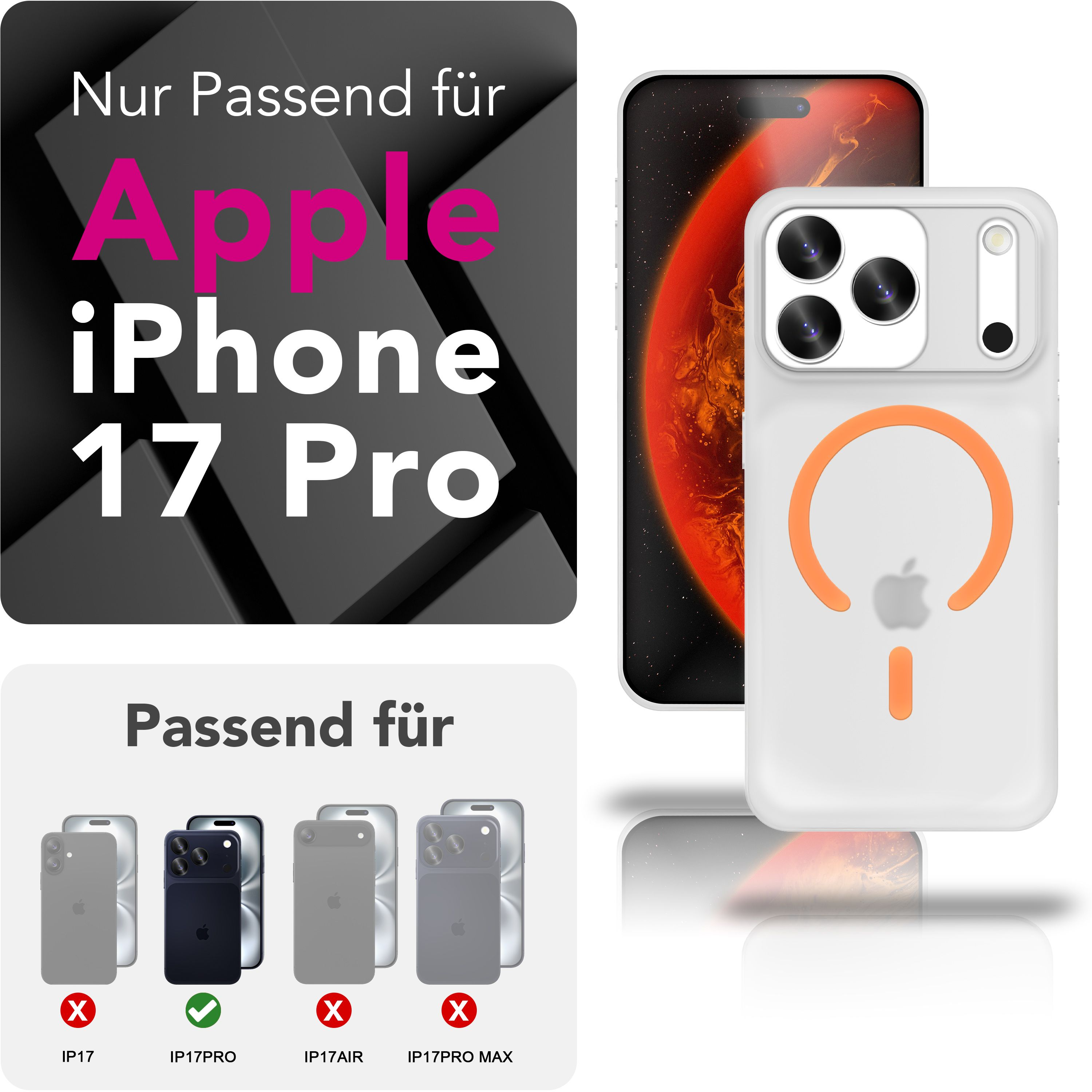 Das Bild zeigt ein iPhone 17 Pro mit weißer Hülle. Text: 'Nur passend für Apple iPhone 17 Pro.'