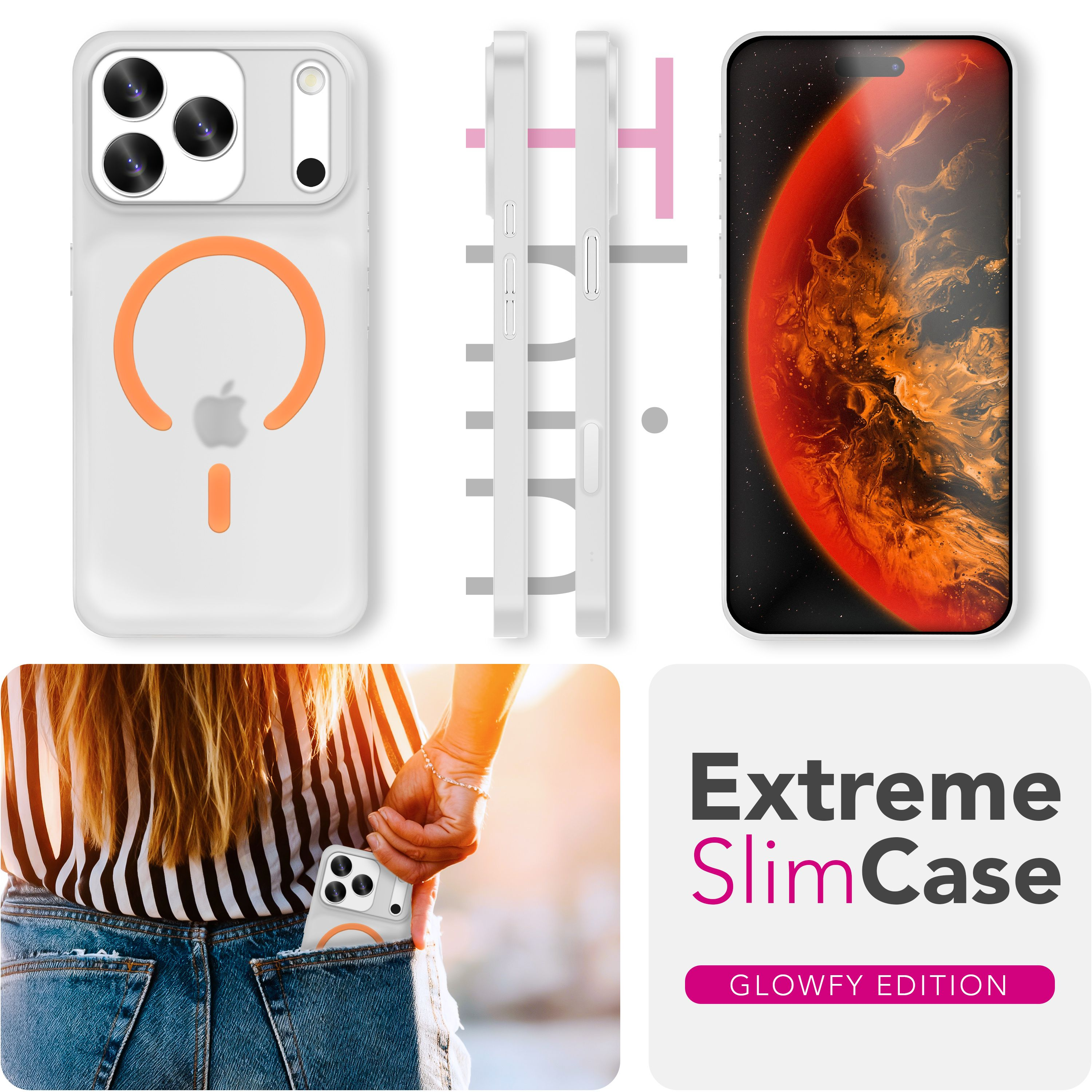 Eine iPhone-Hülle mit orangefarbenem Akzent. Ein Telefon mit einem roten Planetenbild. Eine Person, die ein Telefon in einer Tasche hält.