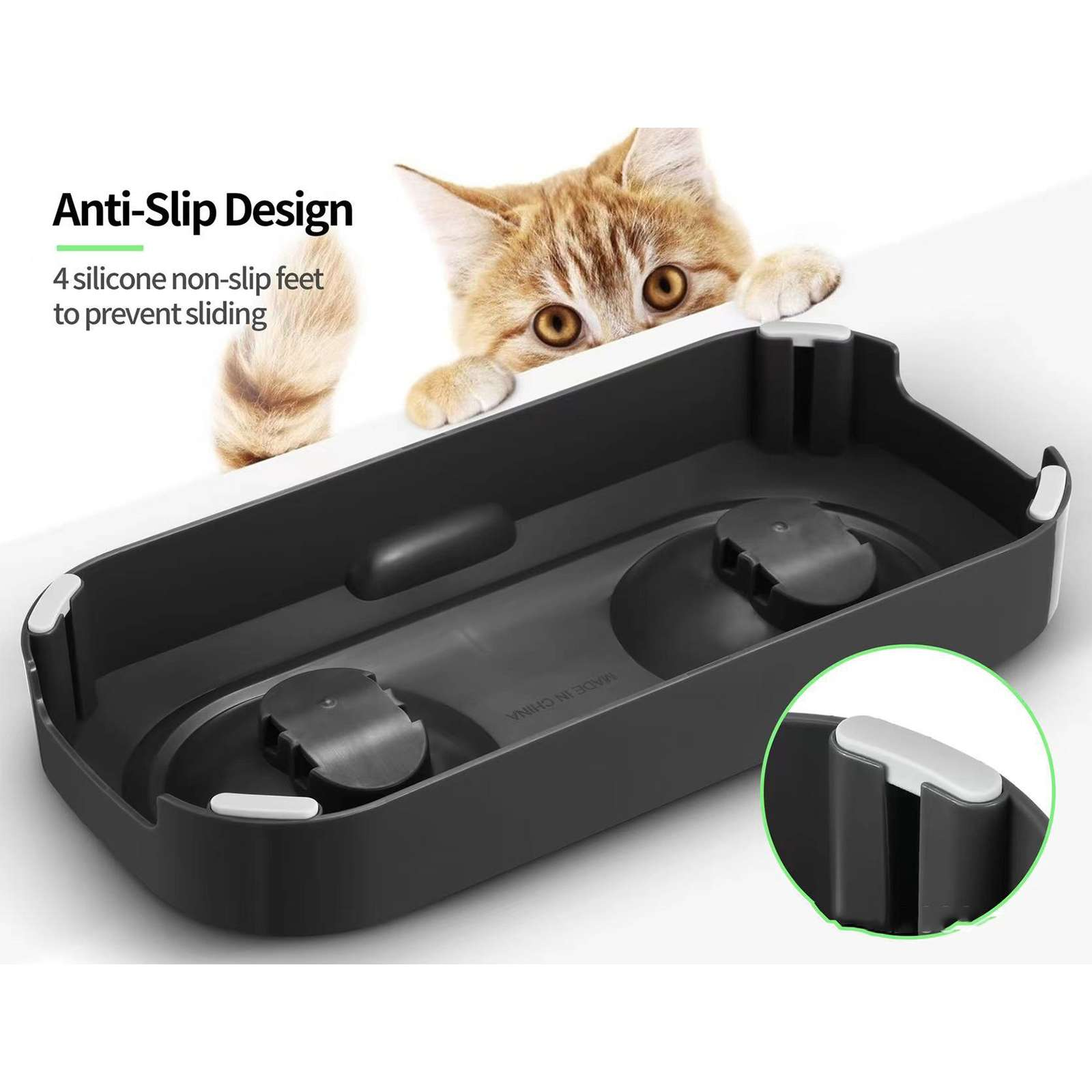 Ein schwarzes Tablett, über das eine Katze schaut. Der Text lautet 'Anti-Rutsch-Design' und '4 Silikon-Anti-Rutsch-Füße'.