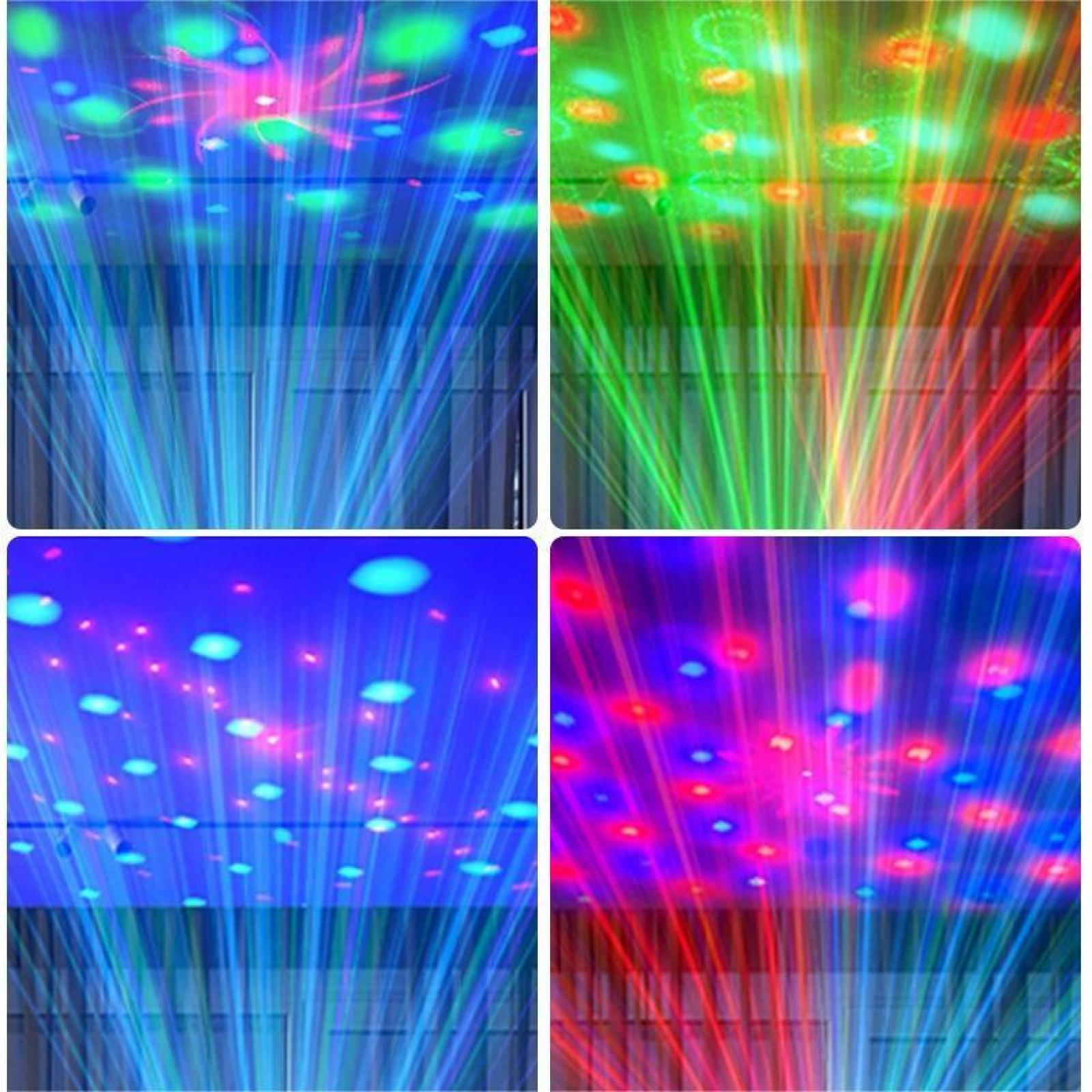 Vier Tafeln mit Lichtstrahlen in Blau, Grün und Rot. Einige Tafeln zeigen Lichtkreise.