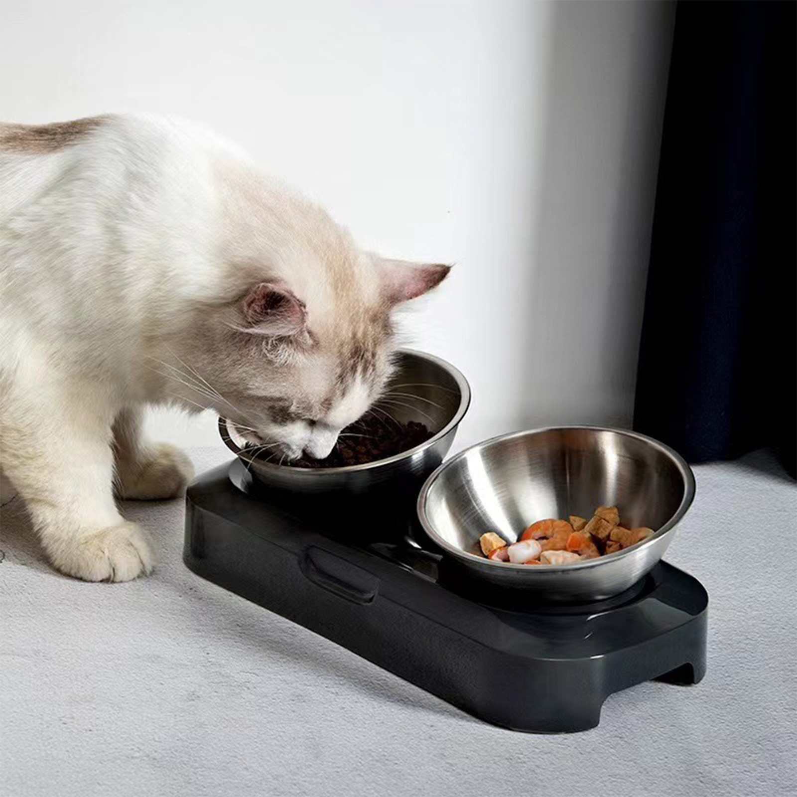 Eine Katze frisst aus zwei Edelstahlschalen auf einem schwarzen Ständer. Eine Schüssel hat dunkles Futter, die andere Garnelen und Fleisch.