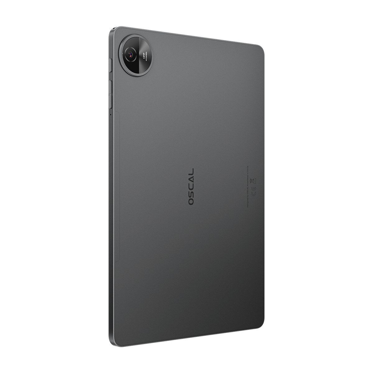 Dunkelgraues OSCAL-Tablet mit Kamera und Logo. Die Rückseite ist sichtbar und zeigt Kamera und Markenname.