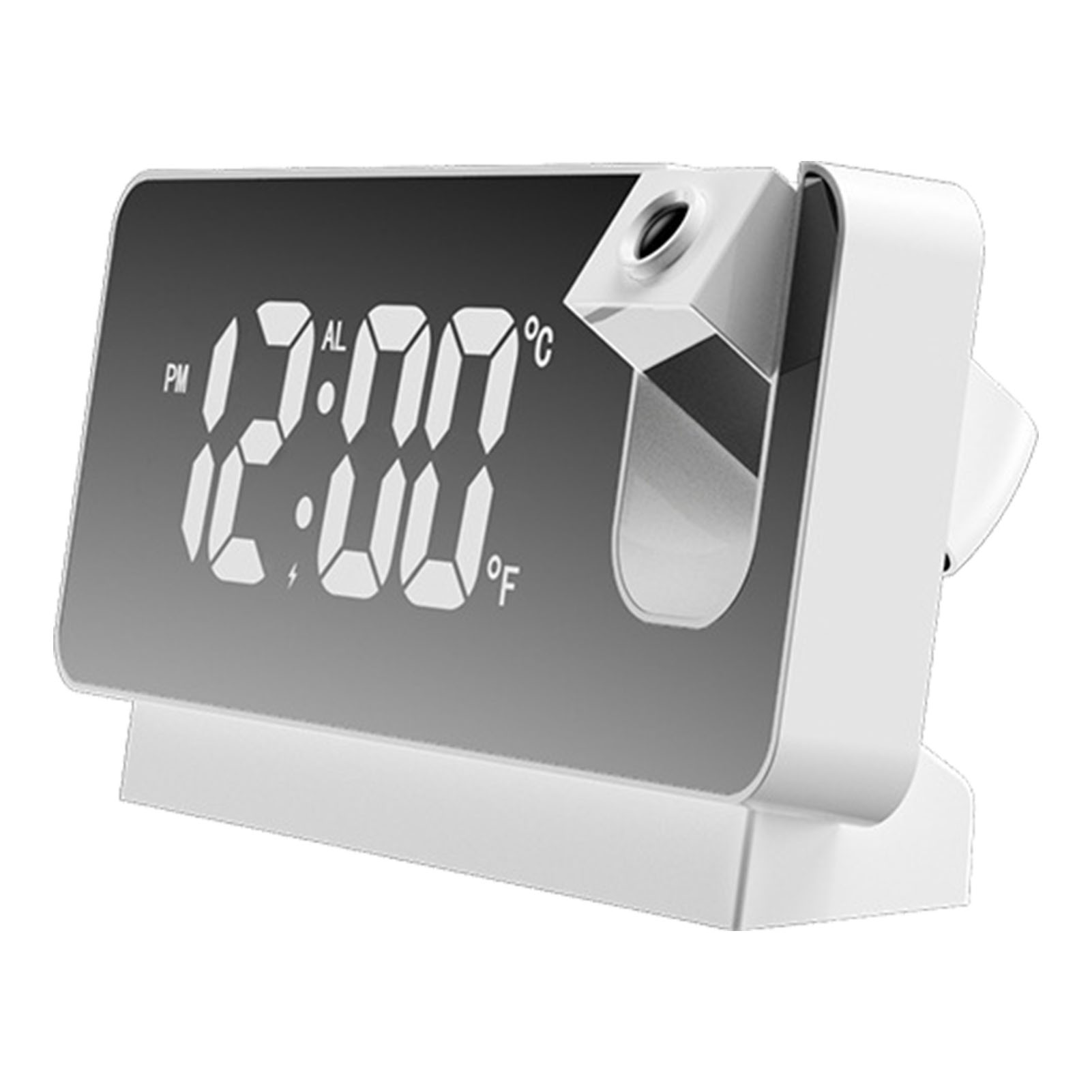 Weißer digitaler Wecker mit der Anzeige 12:00 Uhr. Er hat ein graues Display und eine Projektionslinse.