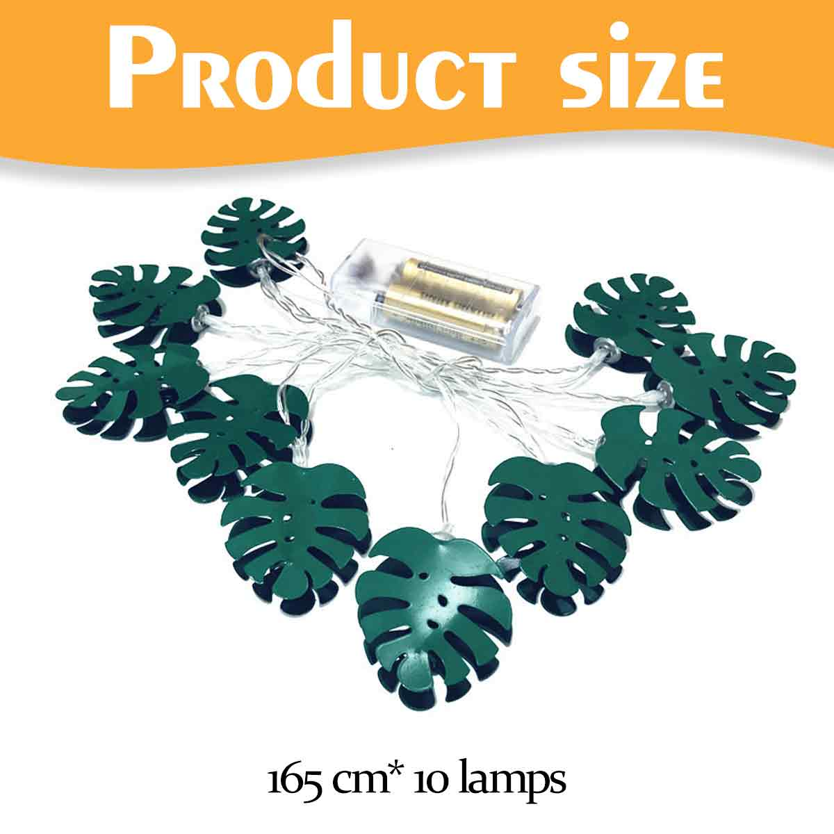 Grüne Blätter-Lichterkette mit Batteriepack, Text "Produktgröße" und Beschreibung "165 cm * 10 Lampen" auf weißem Hintergrund.