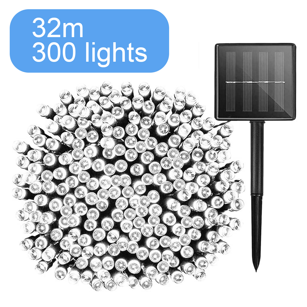 Solarbetriebene Lichterkette mit 300 kleinen Lichtern. Blaues Etikett mit der Aufschrift '32m 300 Lichter'. Auf der rechten Seite befindet sich ein schwarzes Solarpanel.
