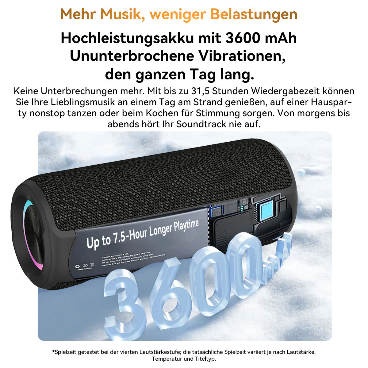 Ein schwarzer Lautsprecher mit der Zahl 3600 davor. Auf dem Lautsprecher steht 'Up to 7.5-Hour Longer Playtime'.