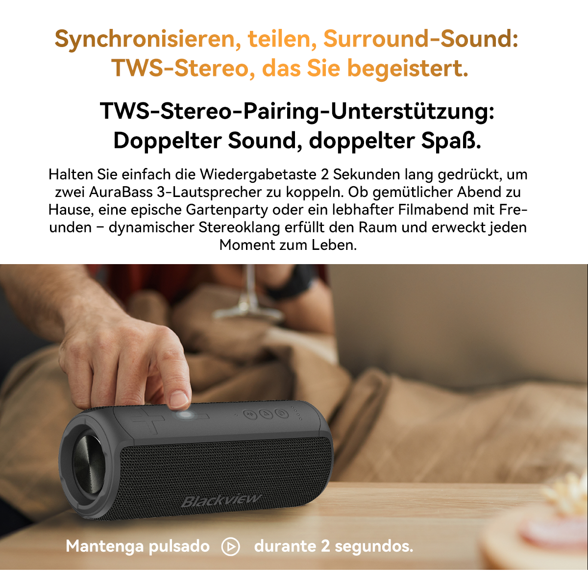 Eine Hand drückt eine Taste auf einem schwarzen Lautsprecher. Text oben beschreibt die Funktionen und Verwendung.