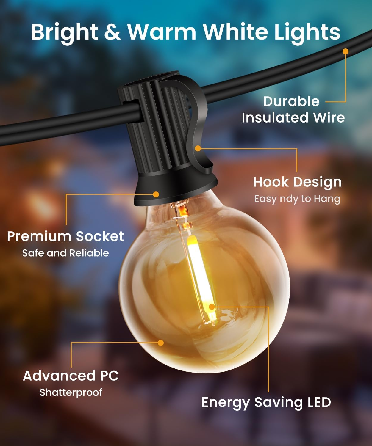 Nahaufnahme einer Glühbirne mit dem Text 'Bright & Warm White Lights'. Es hebt Merkmale wie das Hakendesign und die energiesparende LED hervor.