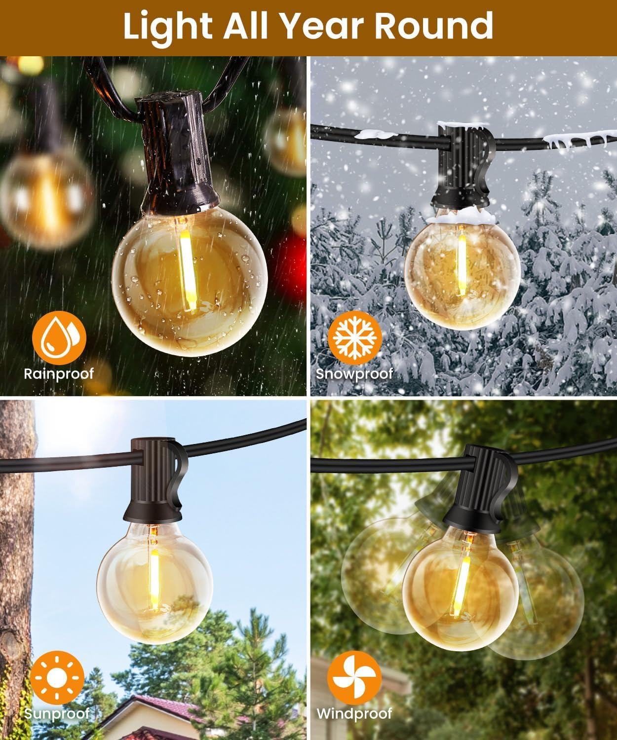 Vier Bilder, die Außenleuchten bei Regen, Schnee, Sonne und Wind zeigen, mit Symbolen für regenfest, schneefest, sonnenfest und windfest.