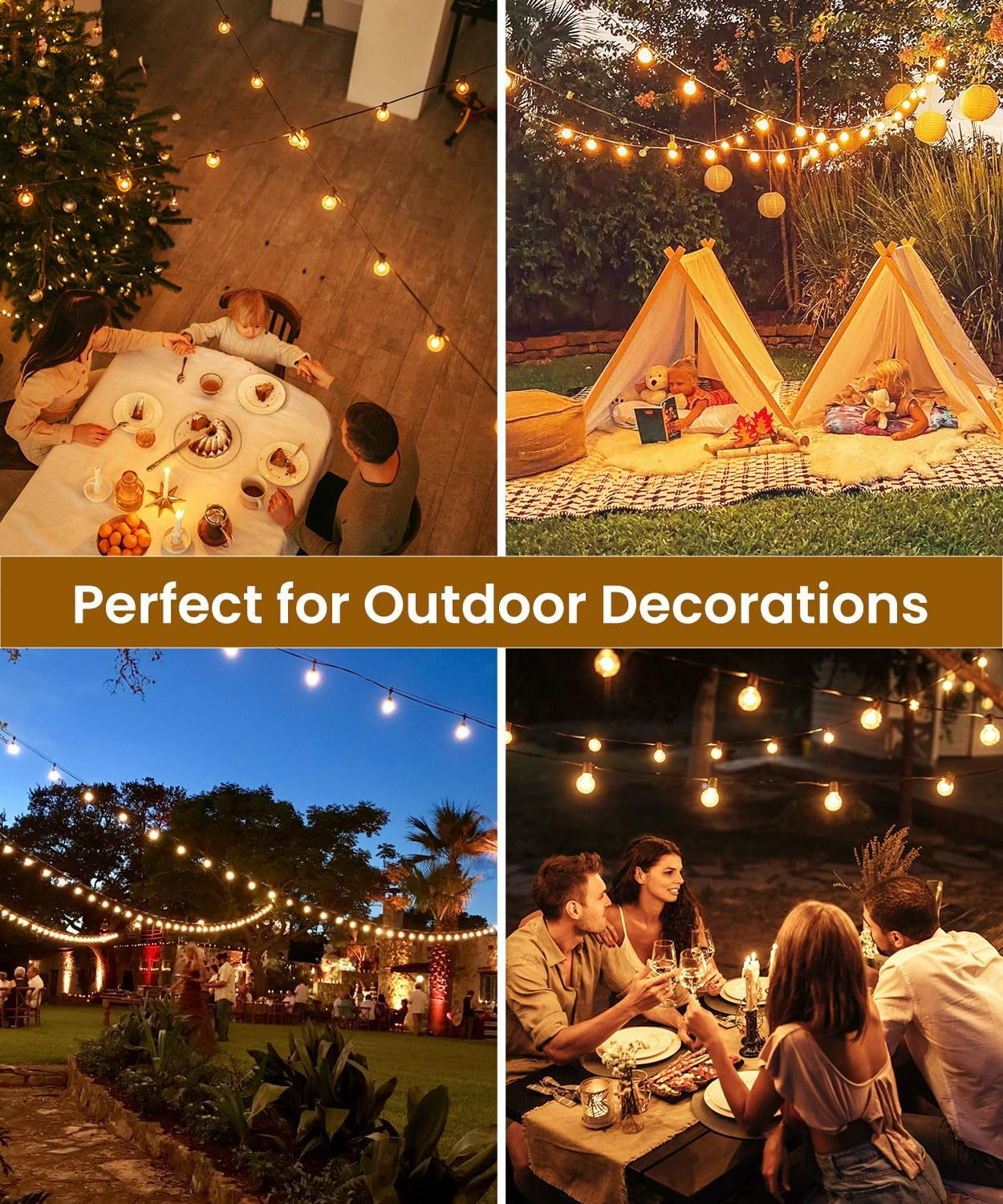 Vier Szenen von Outdoor-Events mit Lichterketten. Menschen essen am Tisch, Kinder spielen und eine Party findet statt.