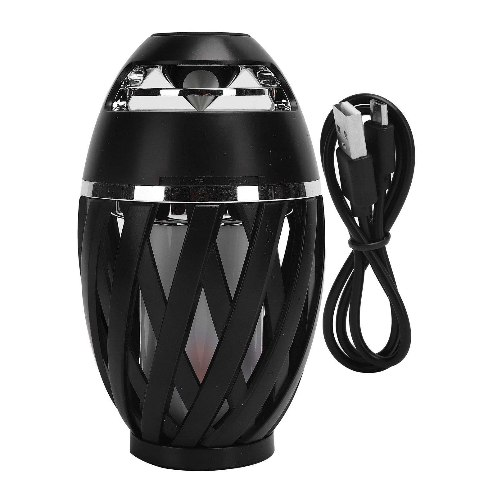 Ein schwarzer fackelförmiger Lautsprecher mit USB-Kabel. Der Lautsprecher hat ein Gitterdesign und ein flammenartiges Licht.