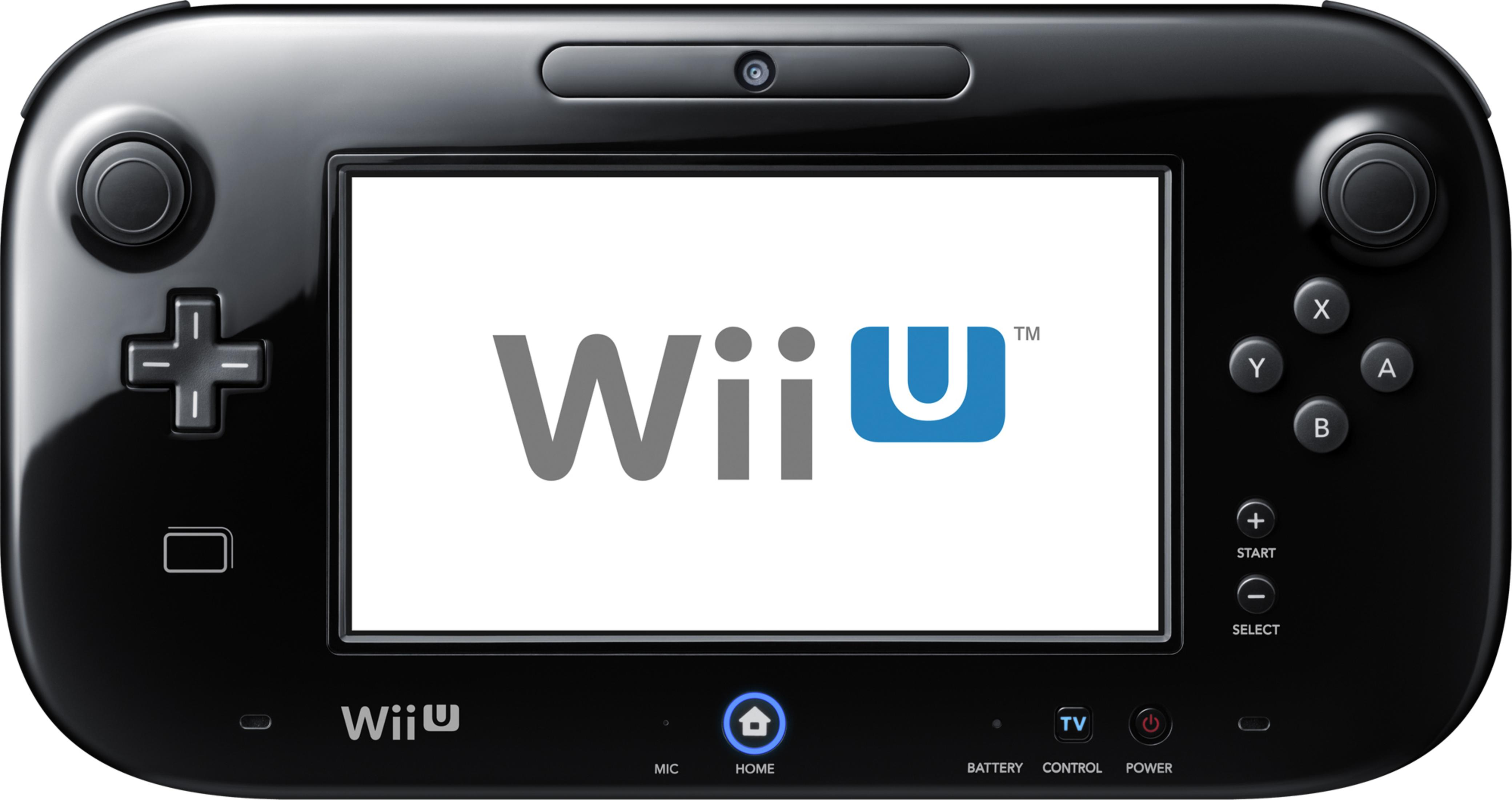 Ein schwarzes Wii U-Gamepad mit einem Bildschirm, auf dem das Wii U-Logo angezeigt wird. Es hat Tasten, Joysticks und eine Kamera.