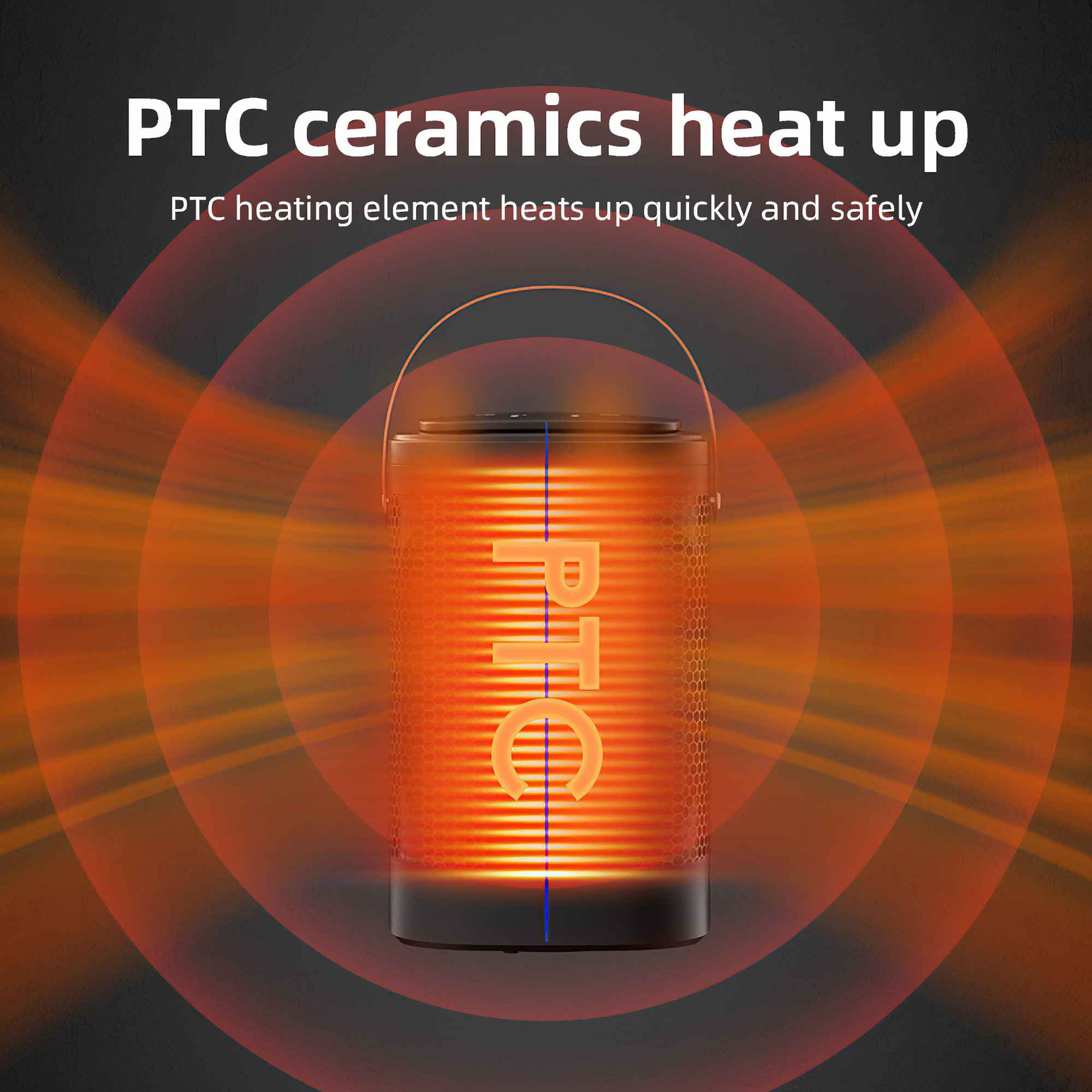 Ein zylindrischer Heizkörper mit orangefarbenem Glühen, der Hitzewellen aussendet. Der Text lautet: PTC-Keramik heizt sich auf.