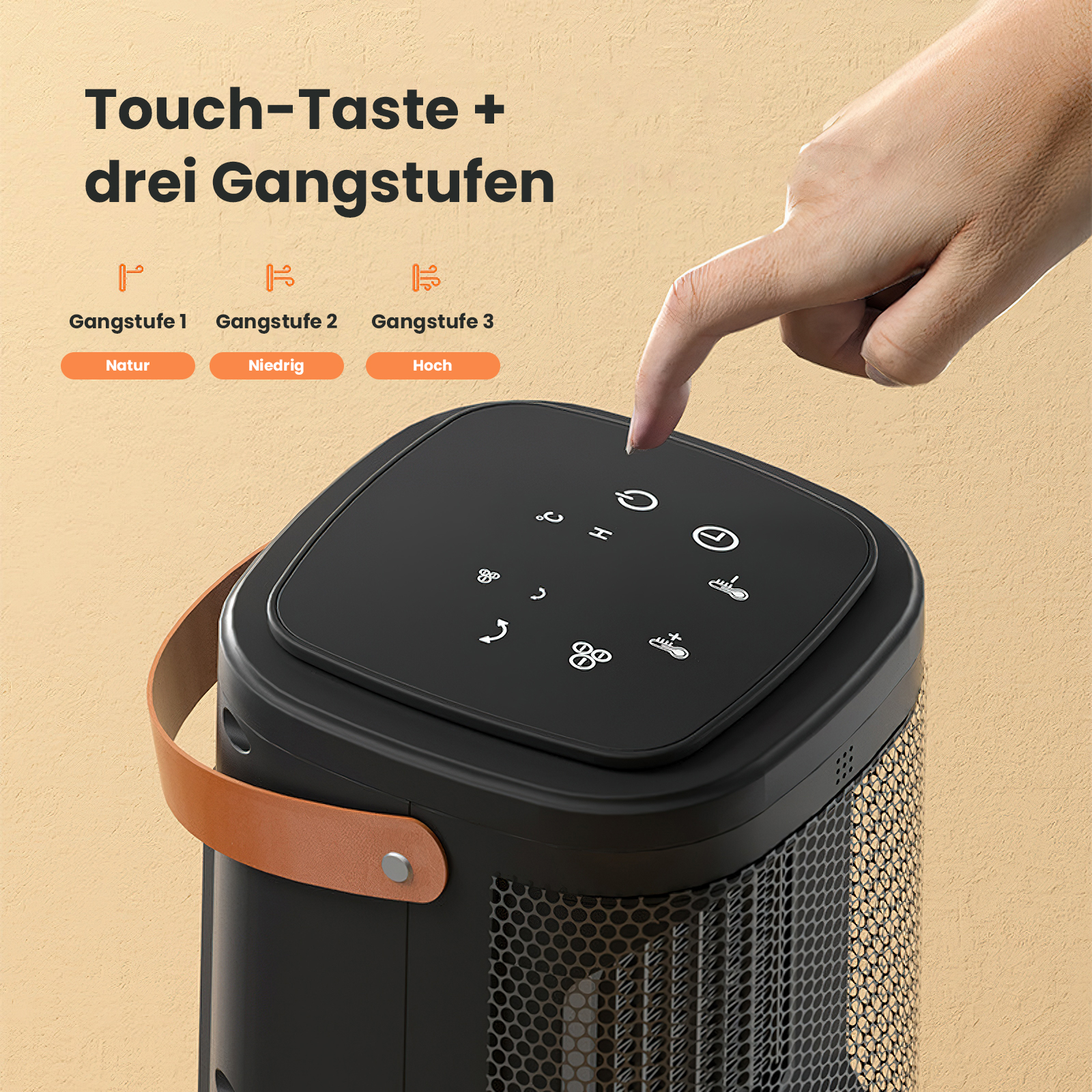 Eine Hand berührt einen schwarzen Luftreiniger. Text lautet 'Touch-Taste + drei Gangstufen'. Knöpfe und Griff sind sichtbar.