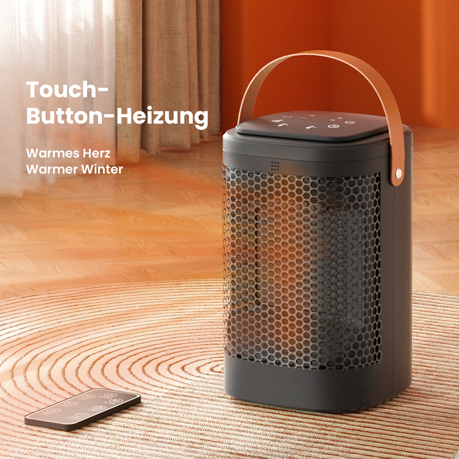 Ein schwarzes Heizgerät mit Wabenmuster und braunem Griff steht auf einem Teppich. Eine Fernbedienung liegt im Vordergrund.