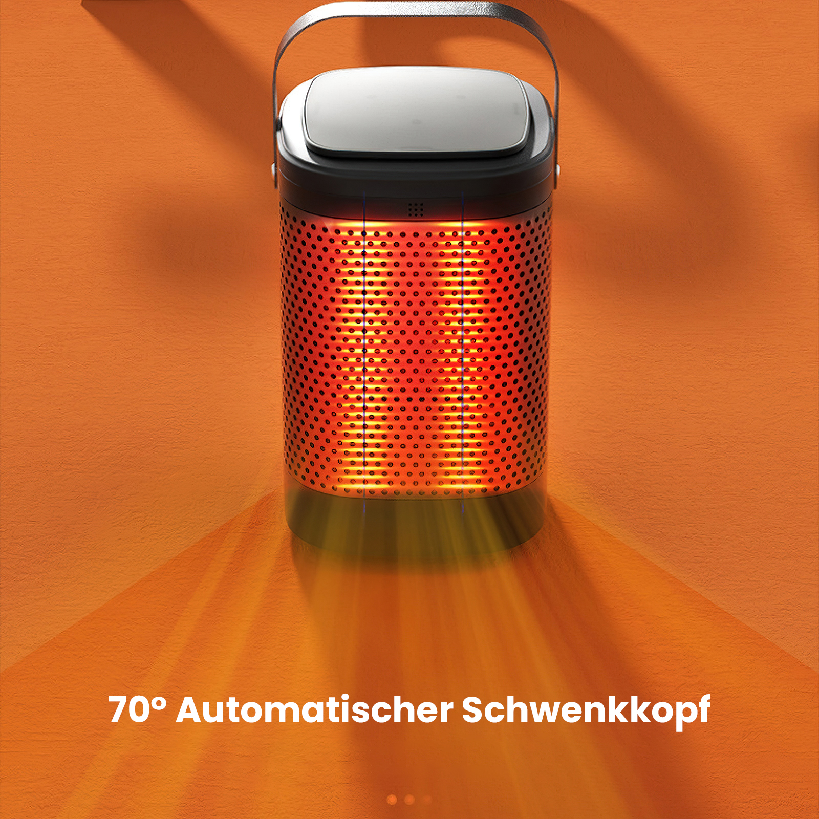Ein schwarzer, perforierter Heizlüfter mit Griff, der orangefarbenes Licht aussendet, vor einer orangen Wand.