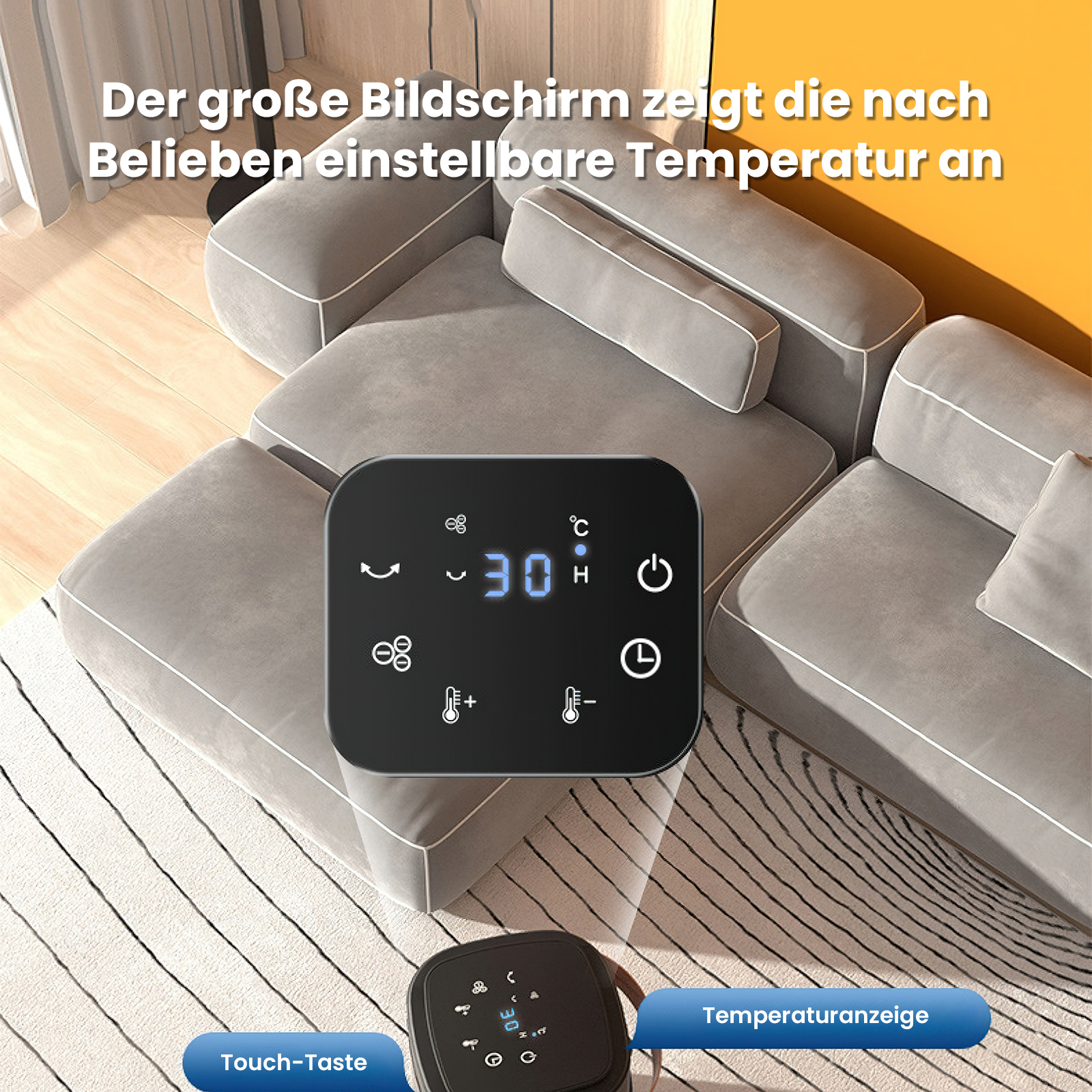 Ein schwarzes Gerät mit Anzeige von 30°C auf einem Sofa. Touch- und Temperaturanzeige-Tasten sind vorhanden.