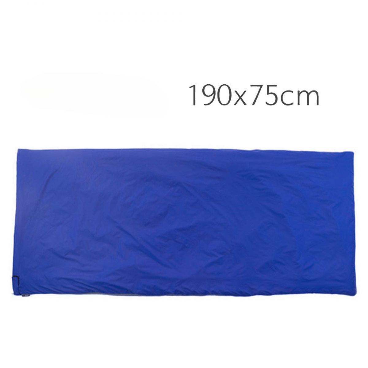 Ein blauer Schlafsack, mit den Maßen 190x75cm oben drauf geschrieben. Der Schlafsack befindet sich auf weißem Hintergrund.