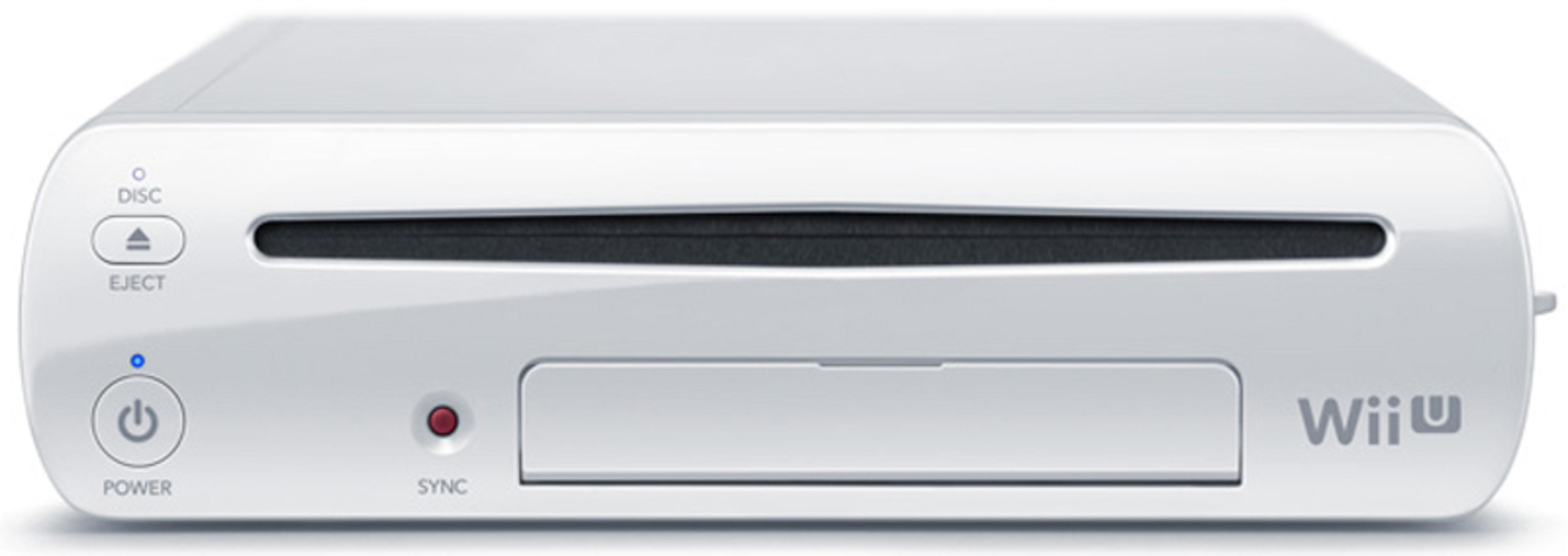 Eine weiße Wii U-Konsole. Sie hat einen Disc-Slot, Power- und Sync-Tasten. Das Wii U-Logo ist rechts.