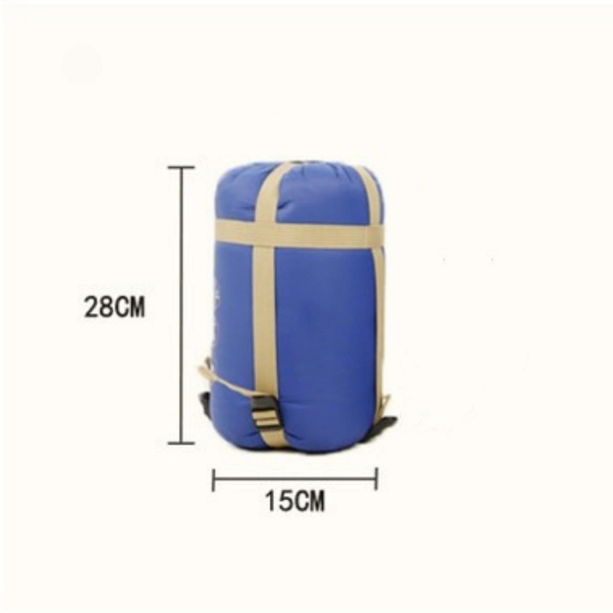 Ein blauer Schlafsack mit beigen Riemen. Die Abmessungen sind 28 cm hoch und 15 cm breit. Der Hintergrund ist weiß.