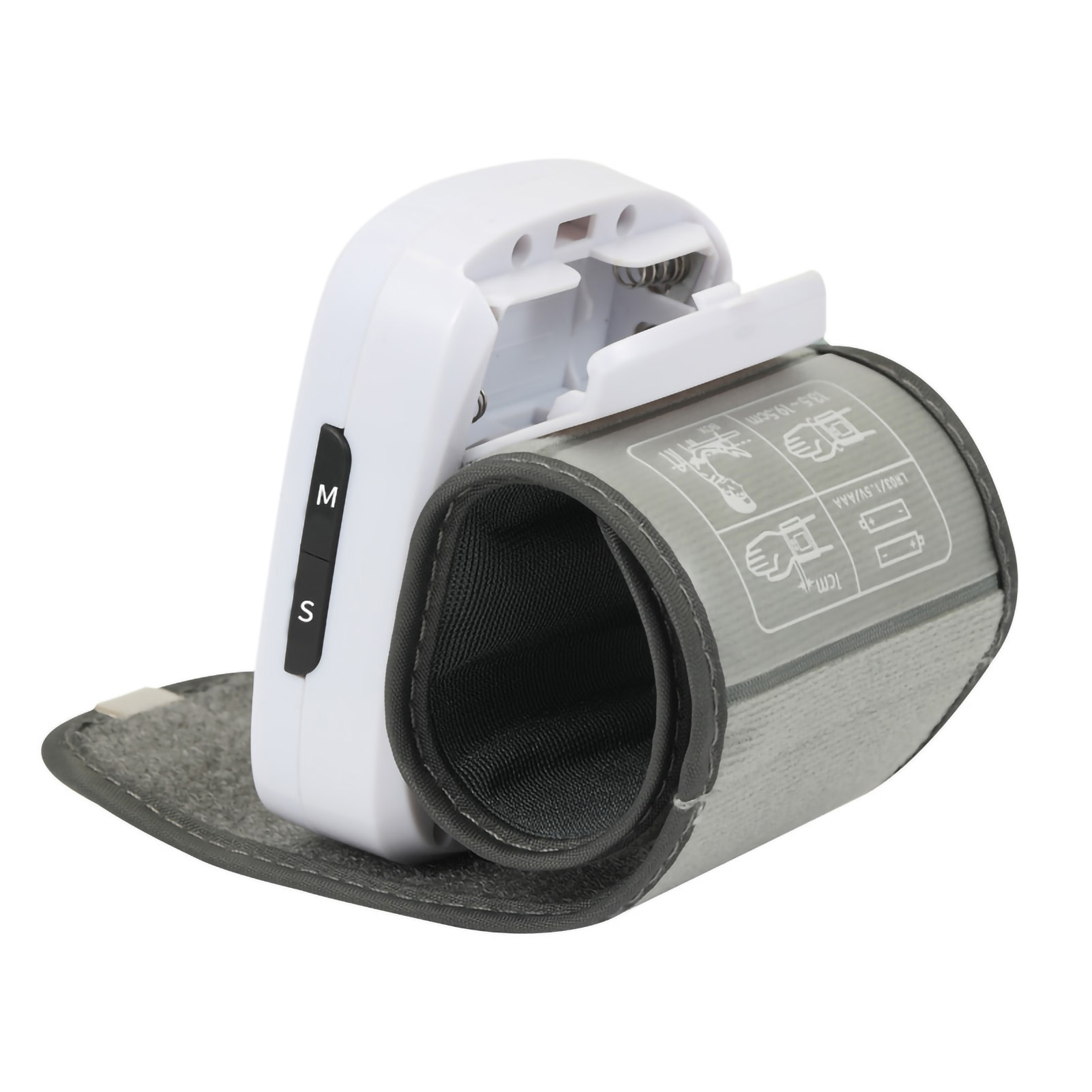Weißes Blutdruckmessgerät mit grauem Armband. Knöpfe mit 'M' und 'S'. Batteriefach geöffnet.