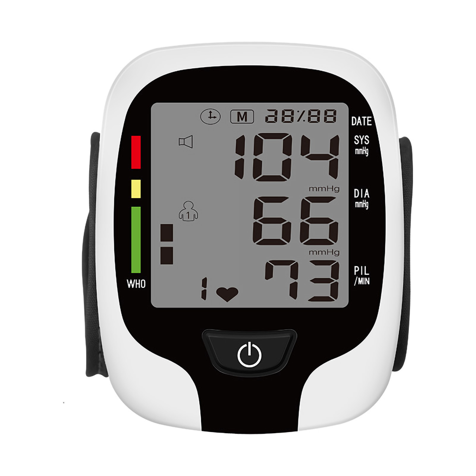 Ein digitales Blutdruckmessgerät zeigt Messwerte an: 104/66/73 mmHg. Es hat eine Ein-/Aus-Taste und Anzeigen für WHO, Datum und Puls.