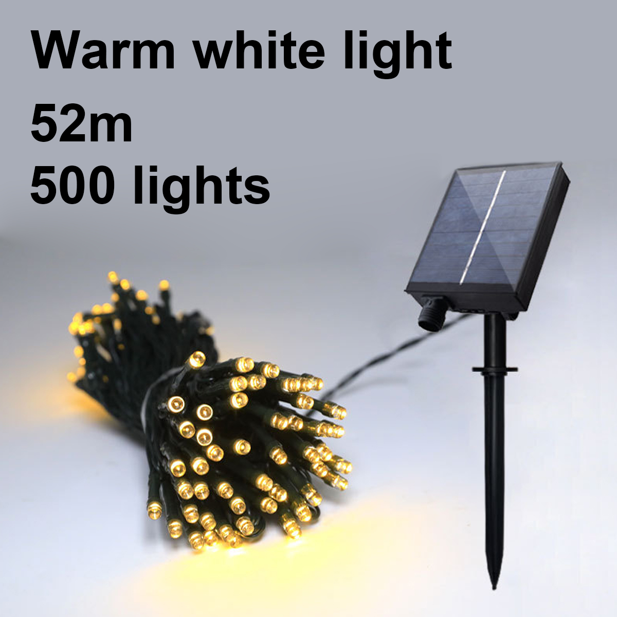 Lichterkette und Solarpanel auf weißem Untergrund. Text: warmweißes Licht, 52 m, 500 Lichter.