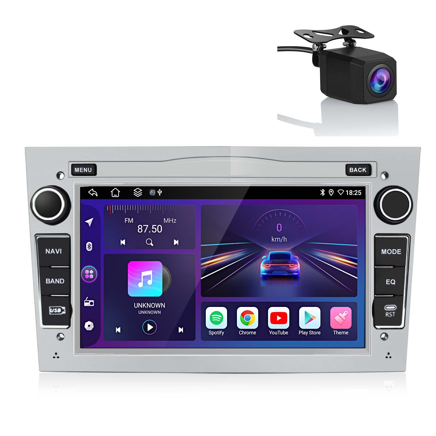 Autoradio mit Bildschirm, der Radio, Musik und Apps anzeigt. Eine Rückfahrkamera befindet sich oben. Silberner Rahmen mit Knöpfen.