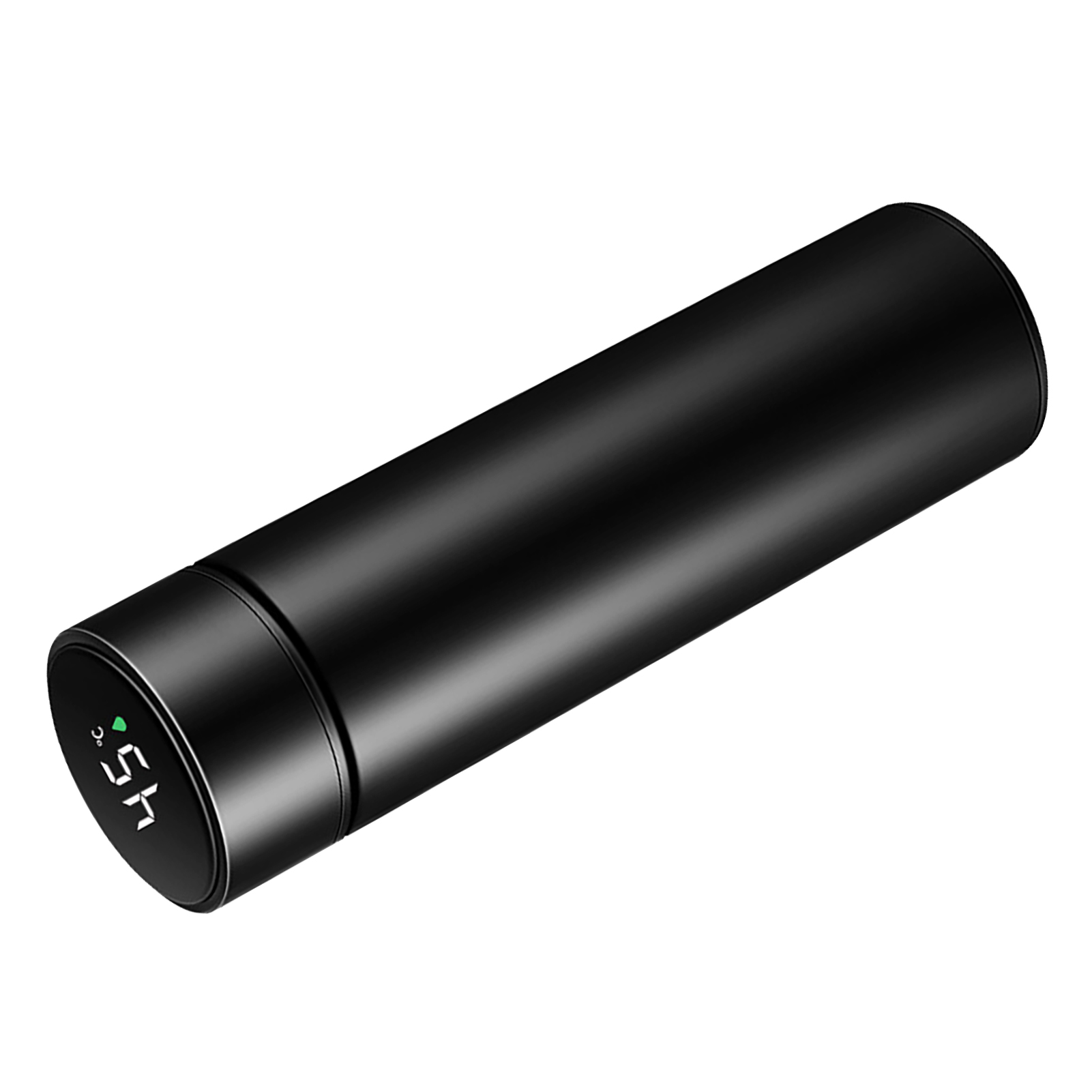 Eine schwarze, zylindrische intelligente Wasserflasche mit digitaler Temperaturanzeige von 45°C.