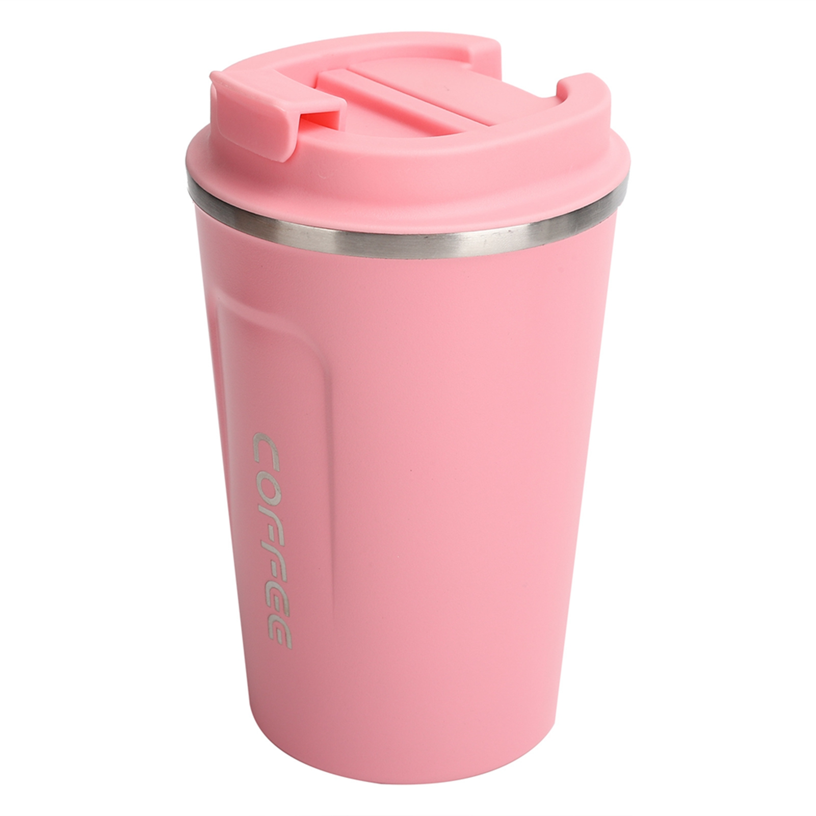 Rosa Reise-Kaffeebecher mit Deckel, silbernem Rand und dem Wort 'COFFEE'. Weißer Hintergrund.