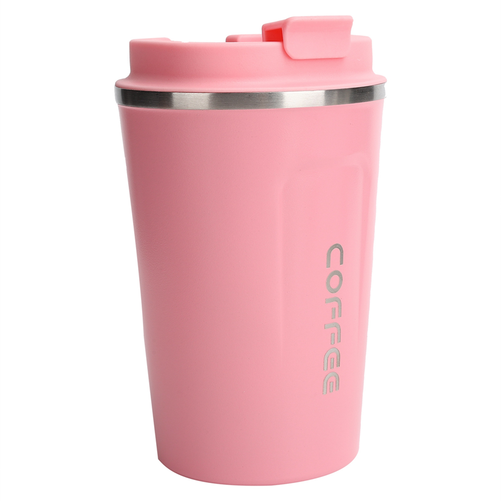 Ein rosa Kaffeebecher mit Deckel und silbernem Rand. Das Wort "COFFEE" steht auf der Seite.
