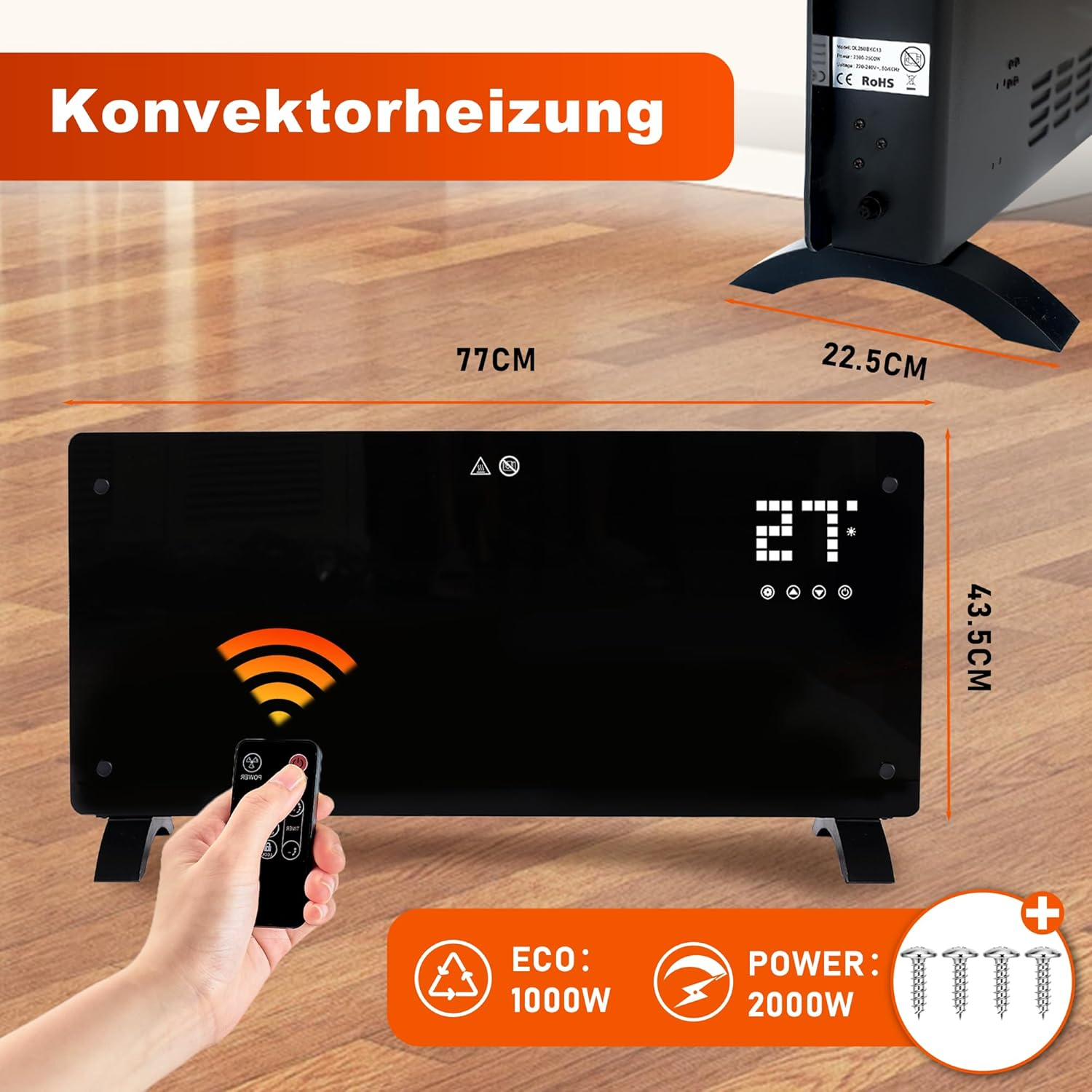 Czarny grzejnik konwekcyjny z pilotem w dłoni. Wyświetlacz pokazuje 27 stopni. Wymiary są oznaczone na zdjęciu.