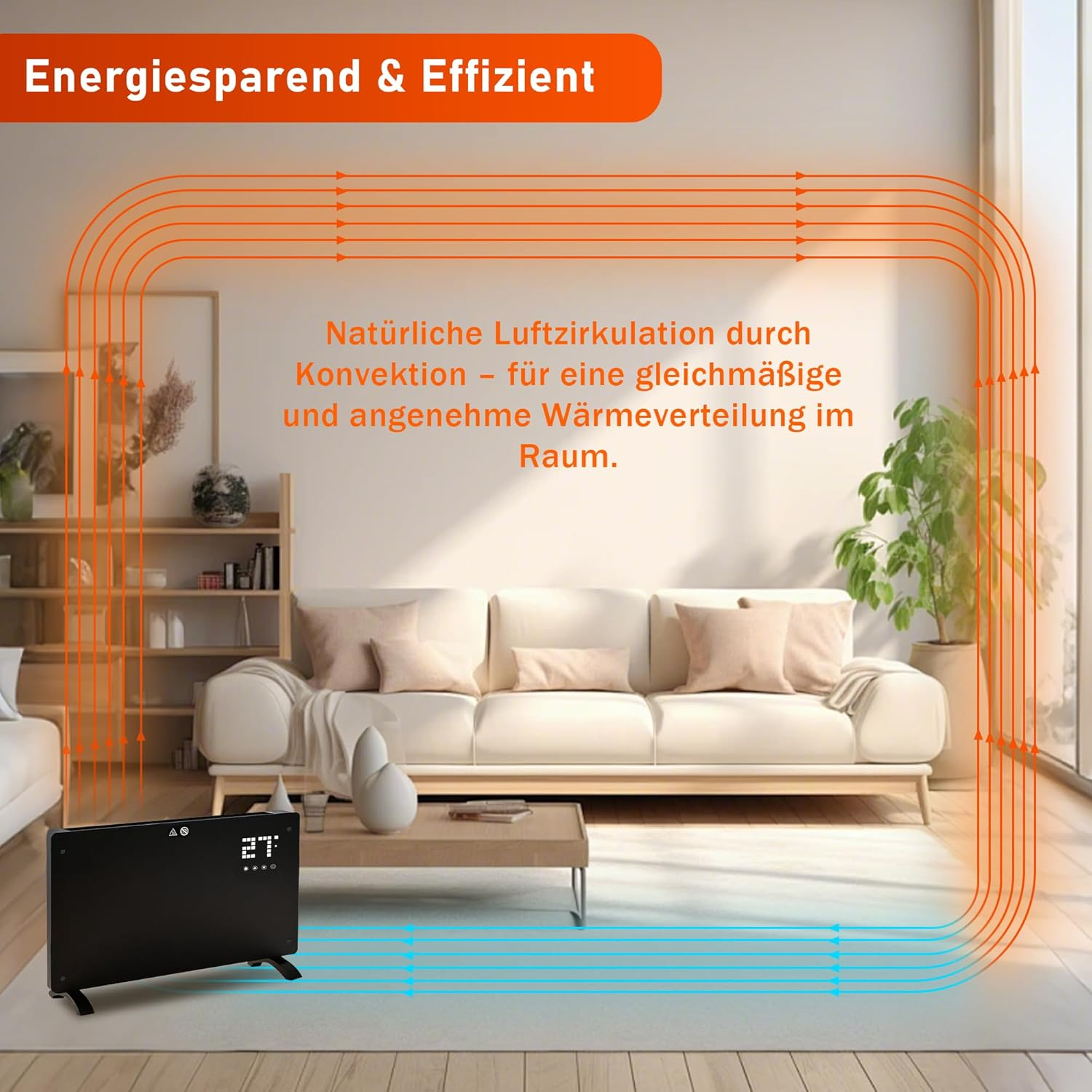 Czarny grzejnik pokazuje 27 stopni. Pomarańczowe linie pokazują ciepło w górę, niebieskie zimne powietrze. Kanapa i roślina w tle.