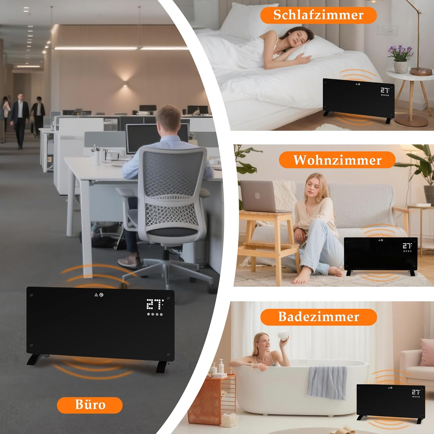 Obraz przedstawia czarny grzejnik w biurze, sypialni, salonie i łazience. Osoby są obecne w każdym otoczeniu.