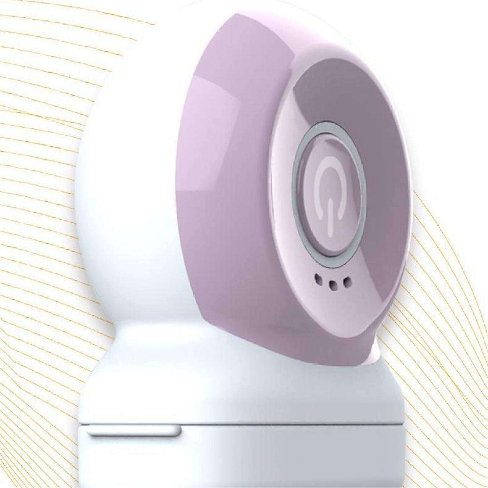 Ein weiß-lavendelfarbener Babyphone. Es hat einen Power-Knopf und drei kleine Löcher. Der Hintergrund hat goldene Linien.