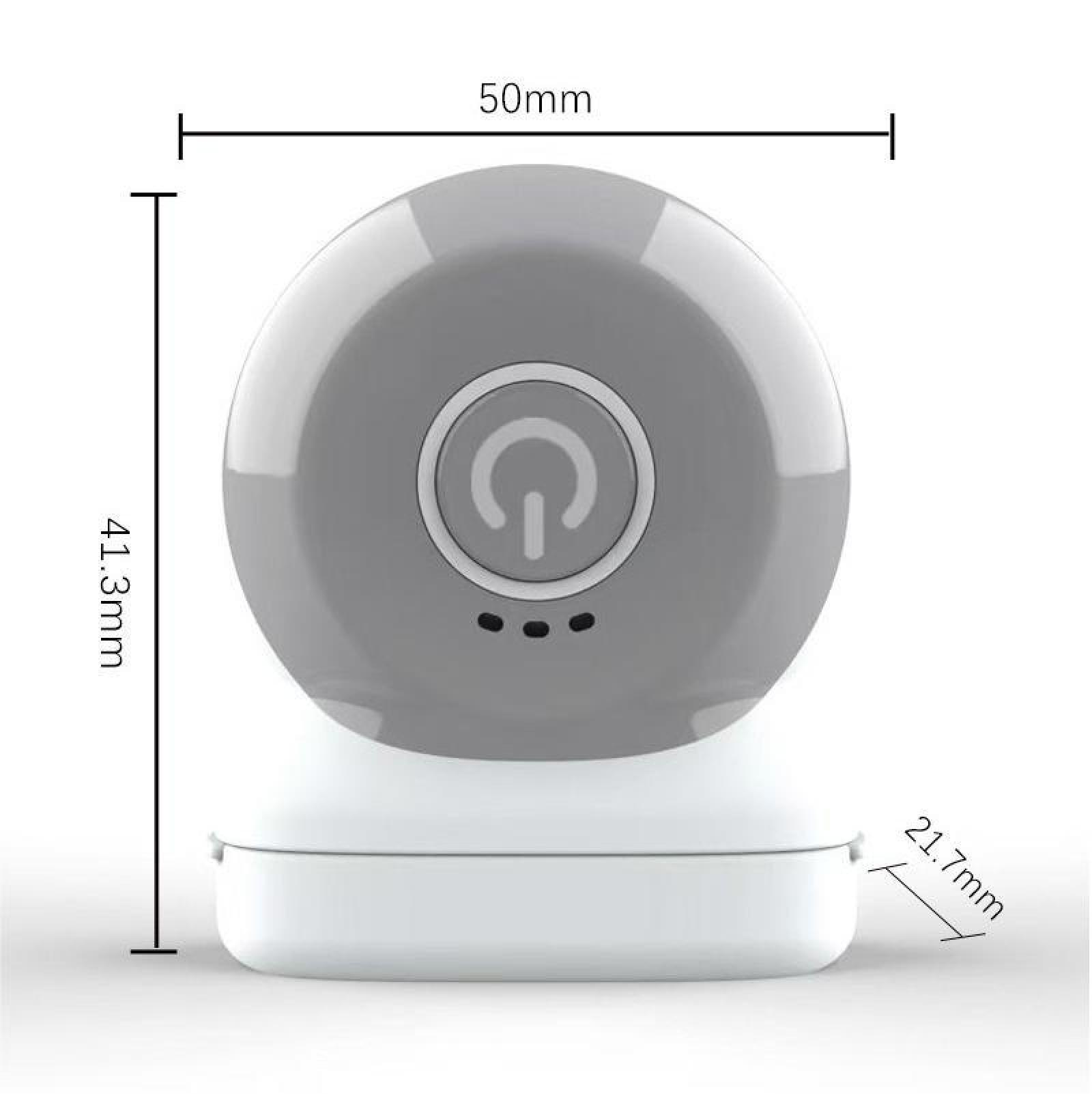 Ein weiß-graues Gerät mit Ein-/Aus-Taste und drei Punkten. Maße sind angegeben: 50 mm, 41,3 mm und 21,7 mm.