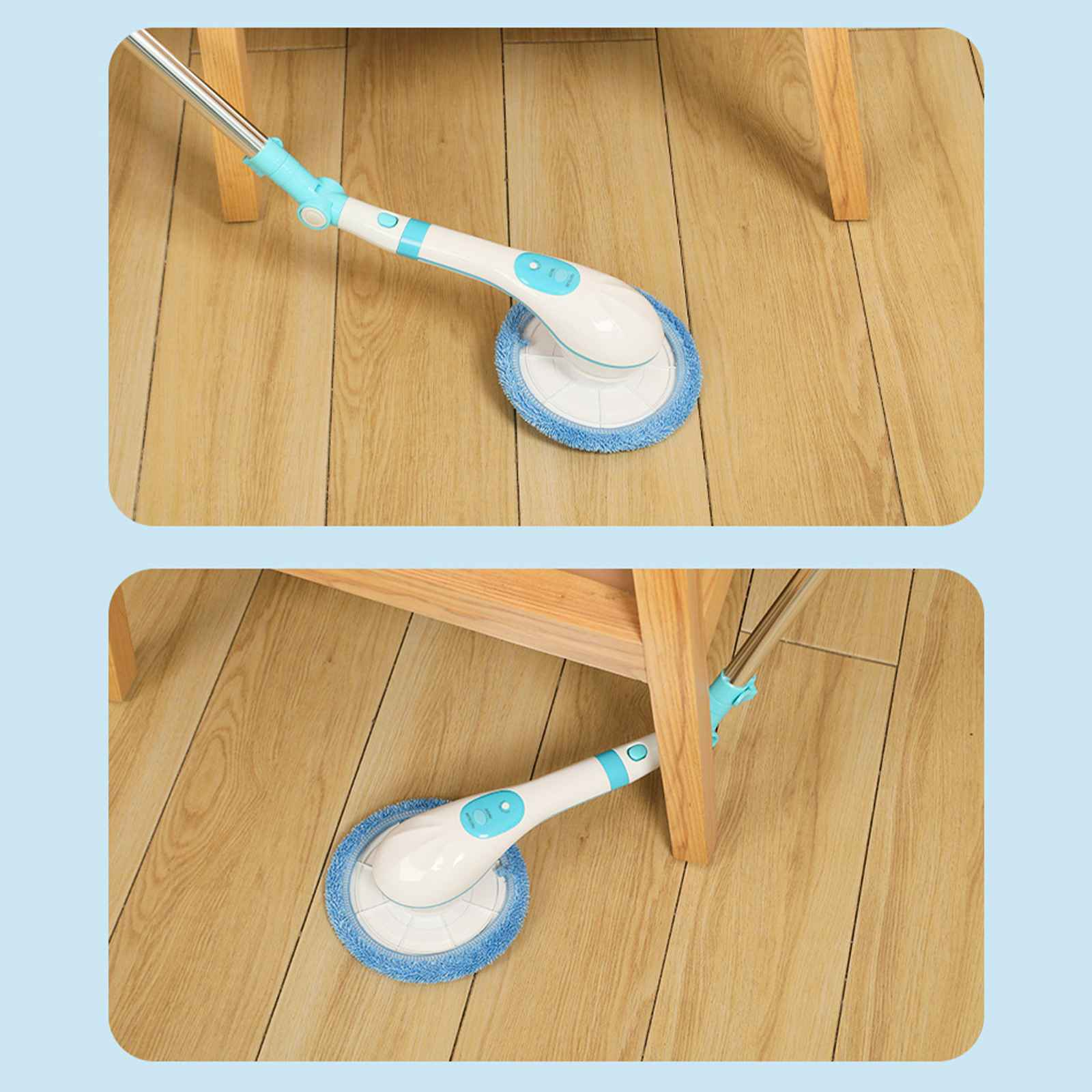 Ein weißer und blauer Wischmopp auf einem Holzboden. Der Mopp befindet sich unter einem Holztisch. Der Boden ist hellbraun.