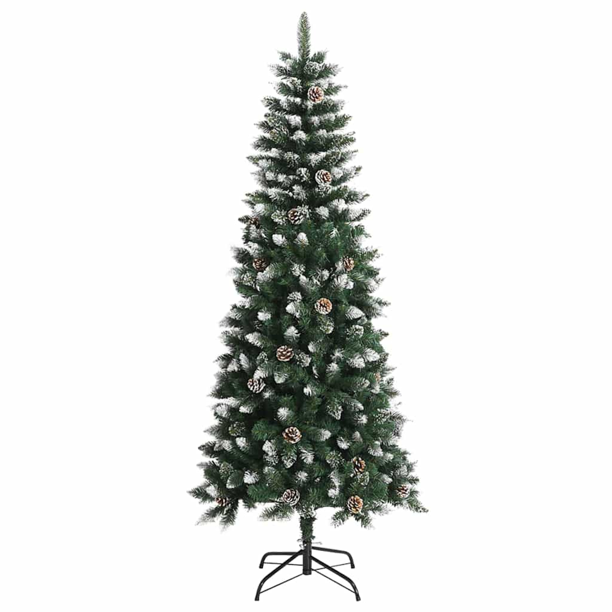 Ein hoher, grüner Weihnachtsbaum mit weißen, schneegleichen Akzenten und Tannenzapfen. Er steht auf einem schwarzen Metallständer vor weißem Hintergrund.