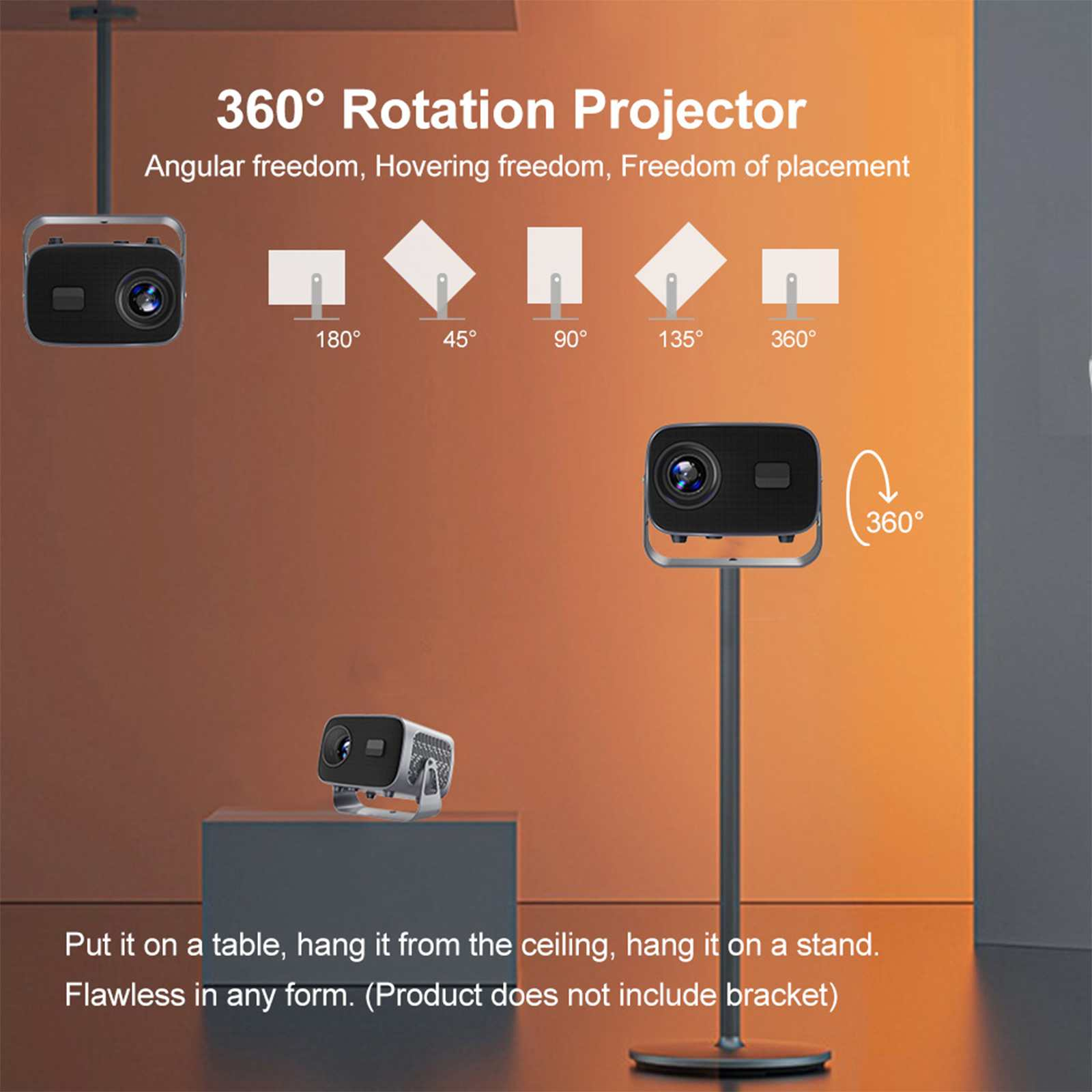 Ein Projektor mit 360° Drehung, in verschiedenen Positionen gezeigt. Text erwähnt Platzierungsoptionen.