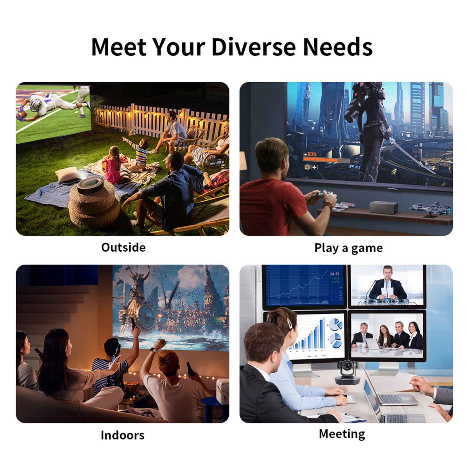 Das Bild zeigt vier Szenen: Outdoor-Film, Gaming, Indoor-Projektion und ein Meeting. In jeder Szene sind Personen anwesend.