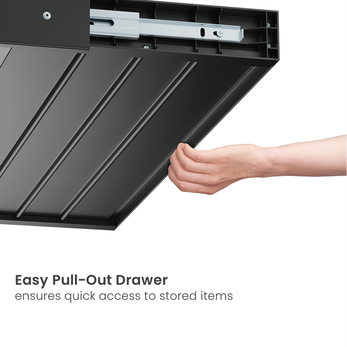 Un cassetto estraibile nero, parzialmente aperto. Una mano tira il cassetto. Il cassetto è a coste. Il testo dice 'Easy Pull-Out Drawer'.