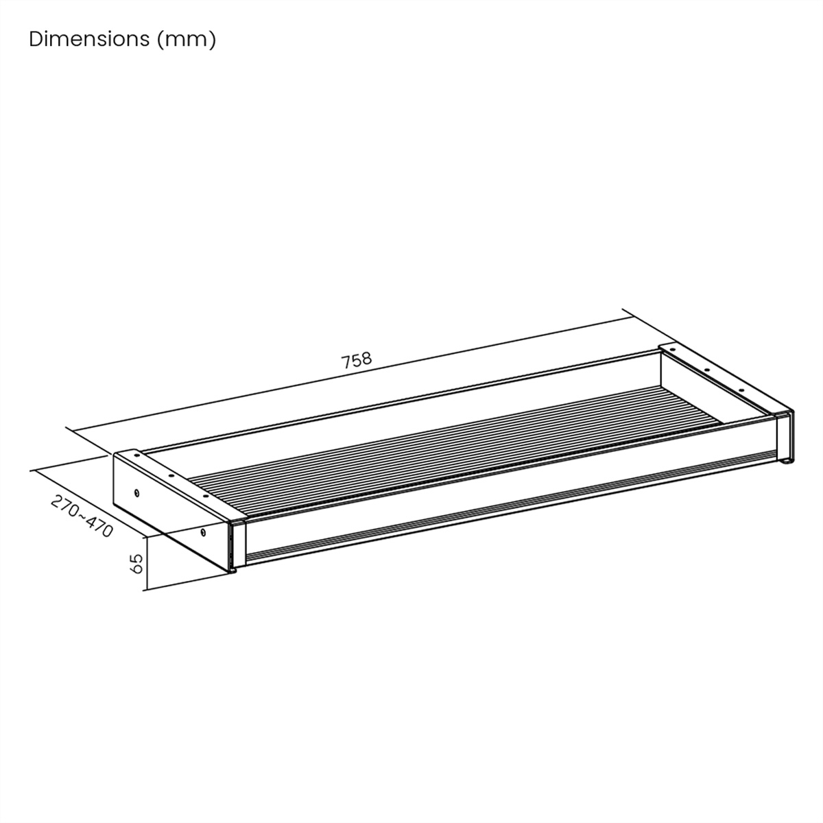 Una mensola rettangolare con dimensioni. La lunghezza è 758 mm, la larghezza è 270-470 mm e l'altezza è 65 mm. Ha una superficie a coste.