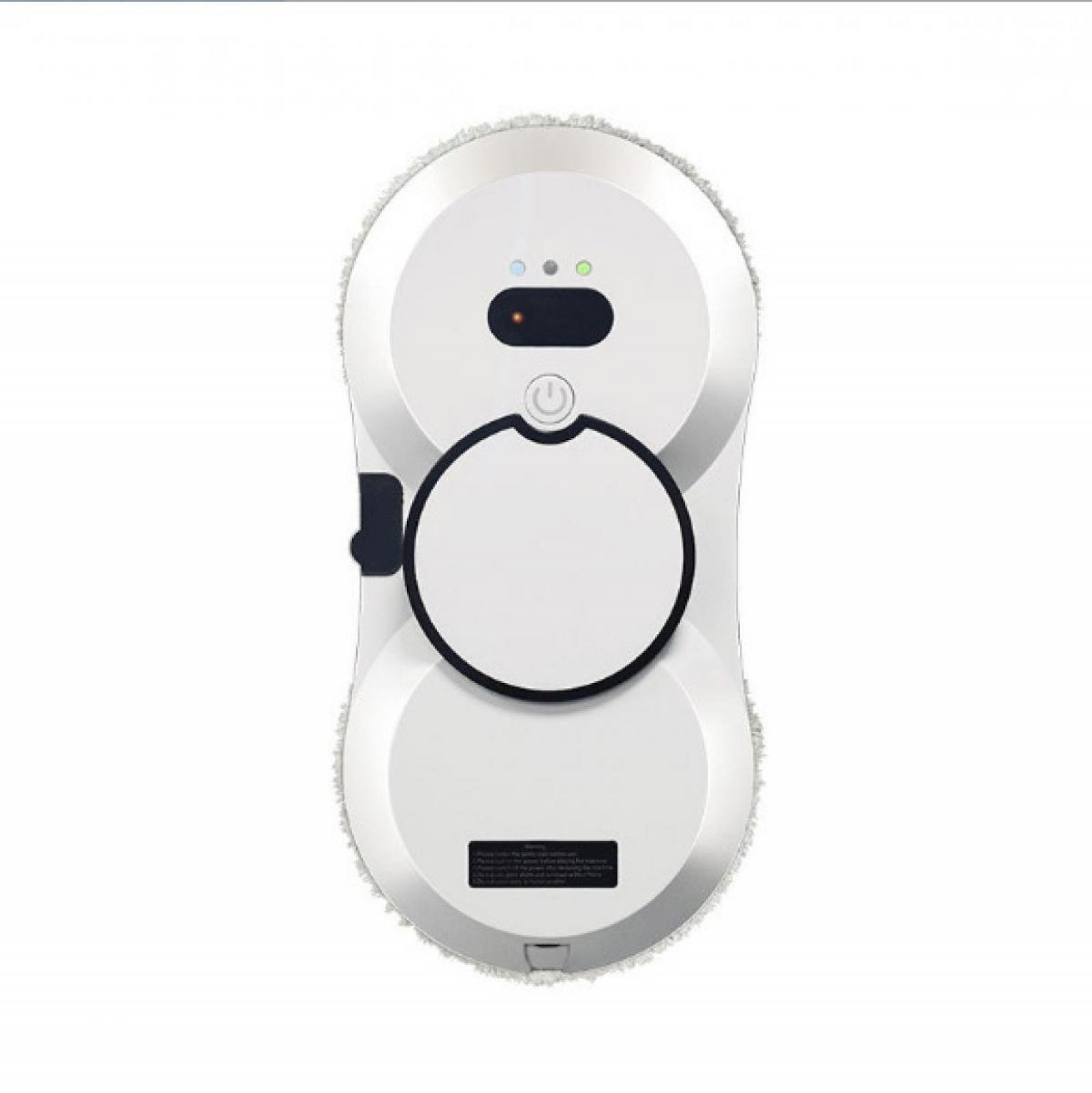 Ein weißer Fensterputzroboter. Er hat ein kreisförmiges Reinigungspad und einen Ein-/Ausschalter. Er hat einen schwarzen Griff.