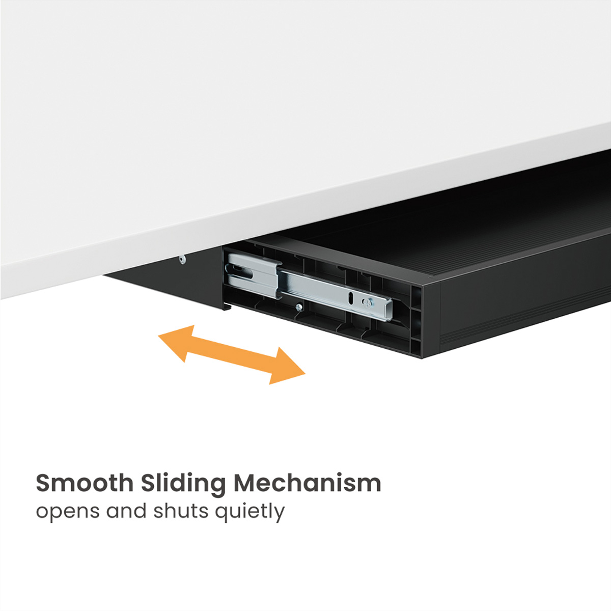 Una scrivania bianca con un cassetto nero, una freccia arancione indica il meccanismo scorrevole. Il testo recita 'Smooth Sliding Mechanism'.