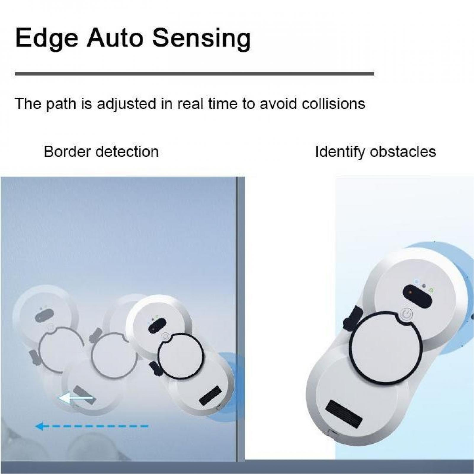 Das Bild zeigt einen Fensterputzroboter. Er hat einen weißen Körper, schwarze Details und reinigt Fenster. Der Text enthält 'Edge Auto Sensing'.