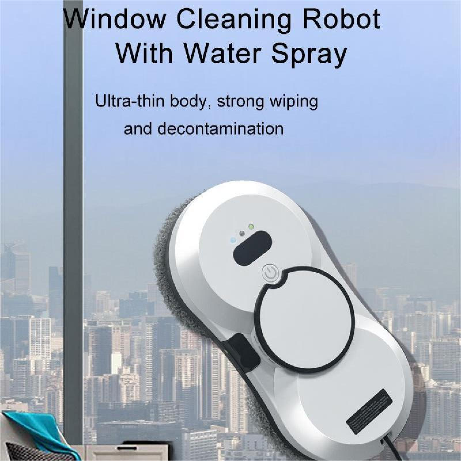 Ein weißer Fensterputzroboter auf einer Glasscheibe mit einer Stadtlandschaft im Hintergrund.
