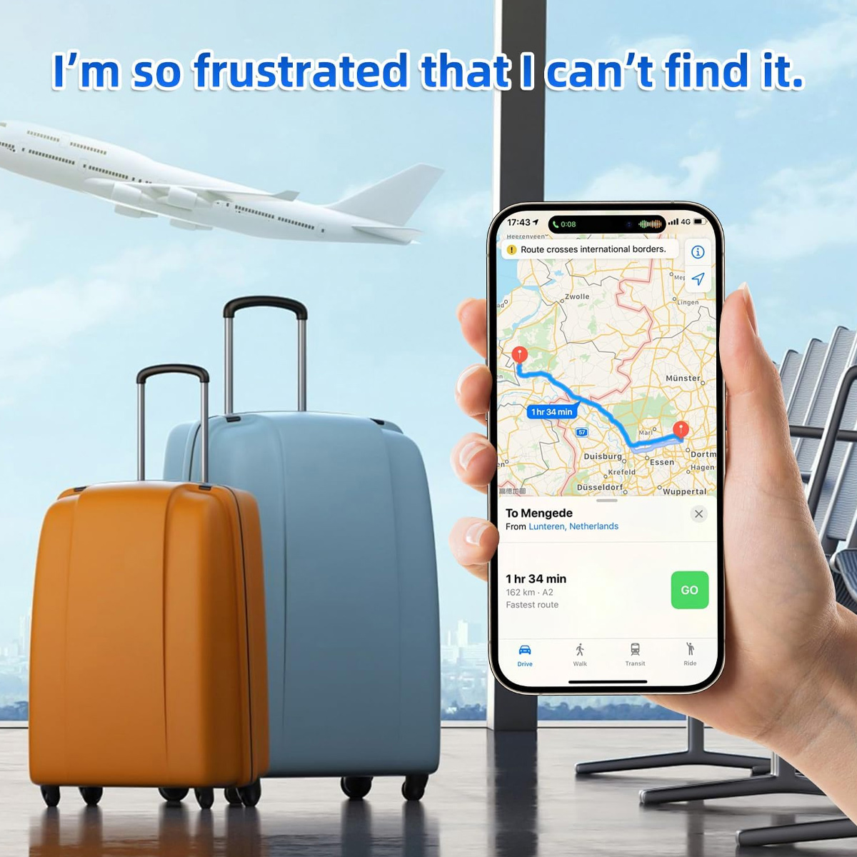 Ein orangefarbener und blauer Koffer stehen in der Nähe eines Fensters. Ein Telefon zeigt eine Kartenroute nach Mengede. Ein Flugzeug fliegt im Hintergrund.